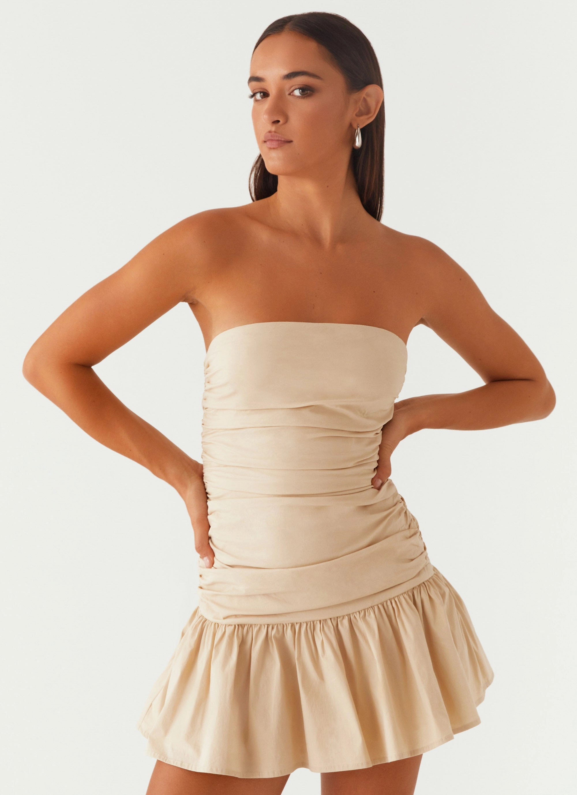 Feminine off-the-shoulder gown Natural Layers Carmel Mini Dress - Ivory