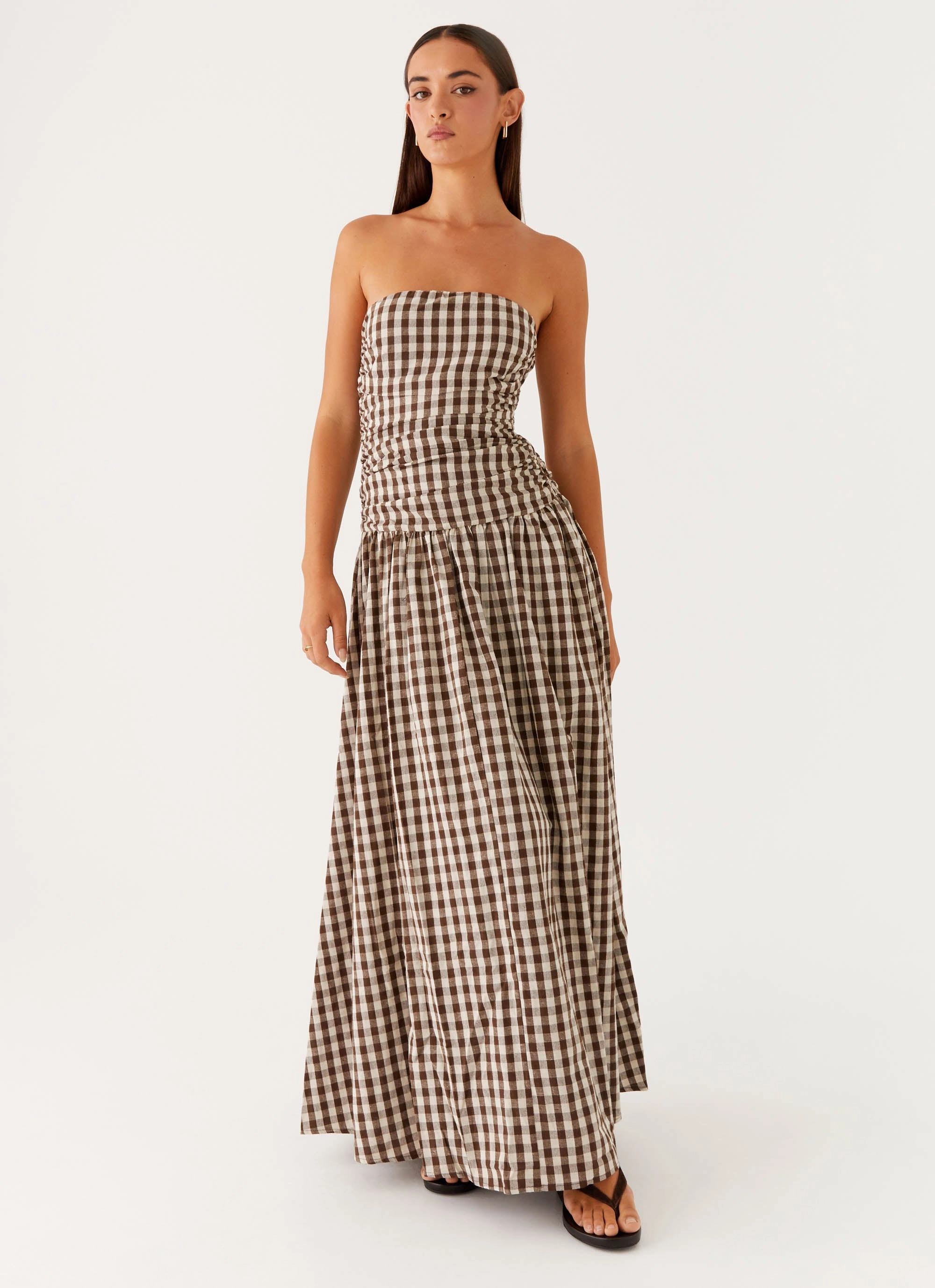 Carmel Maxi Dress - Brown Gingham Quick Fit Relaxed Finish