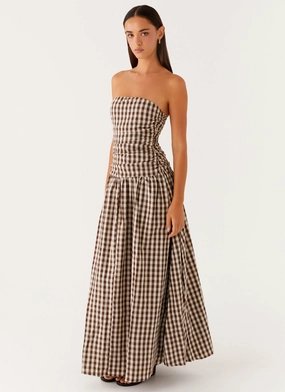 Bow Soft Carmel Maxi Dress - Brown Gingham