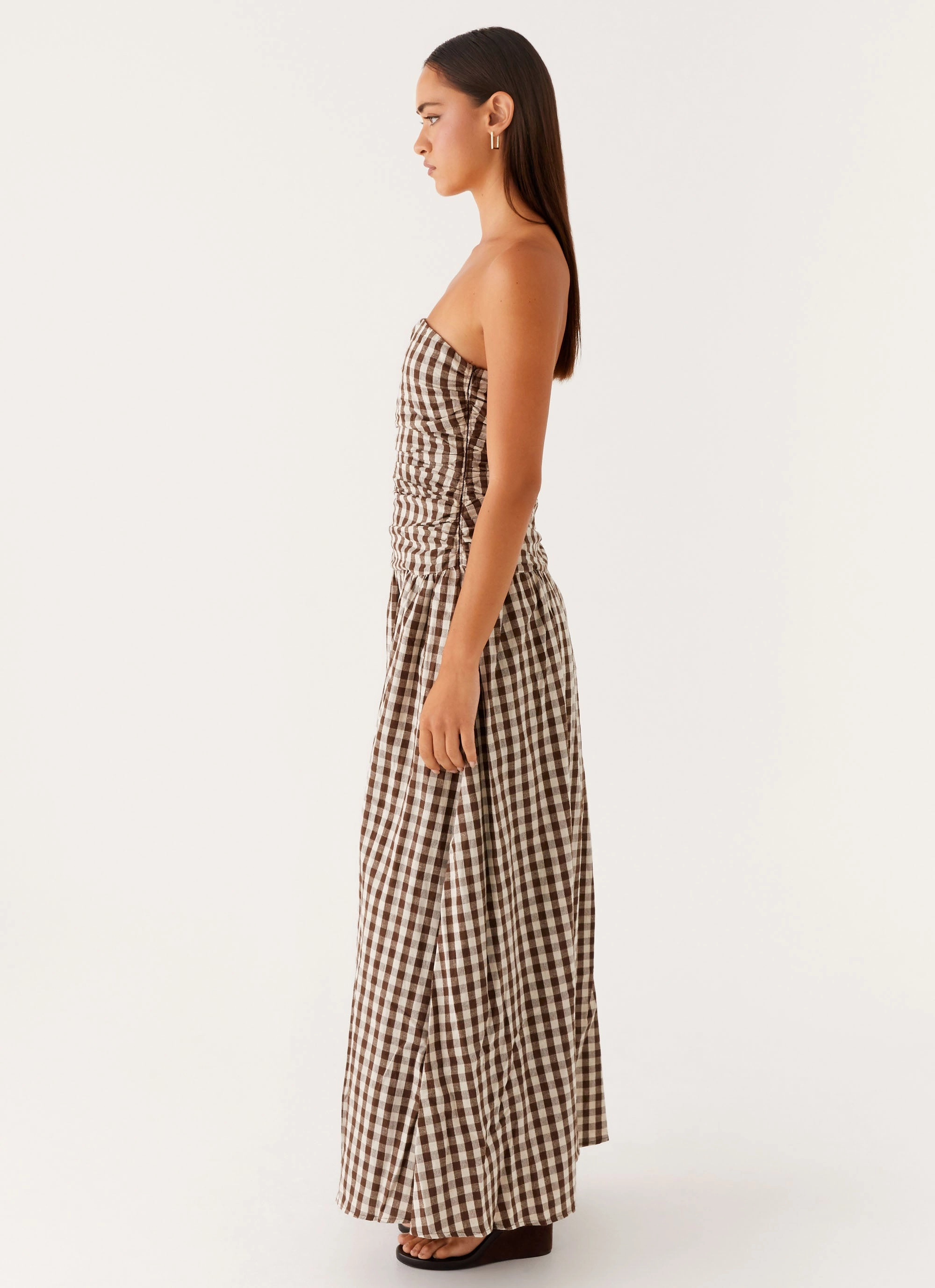 Carmel Maxi Dress - Brown Gingham Clean Texture Perfect for Travel