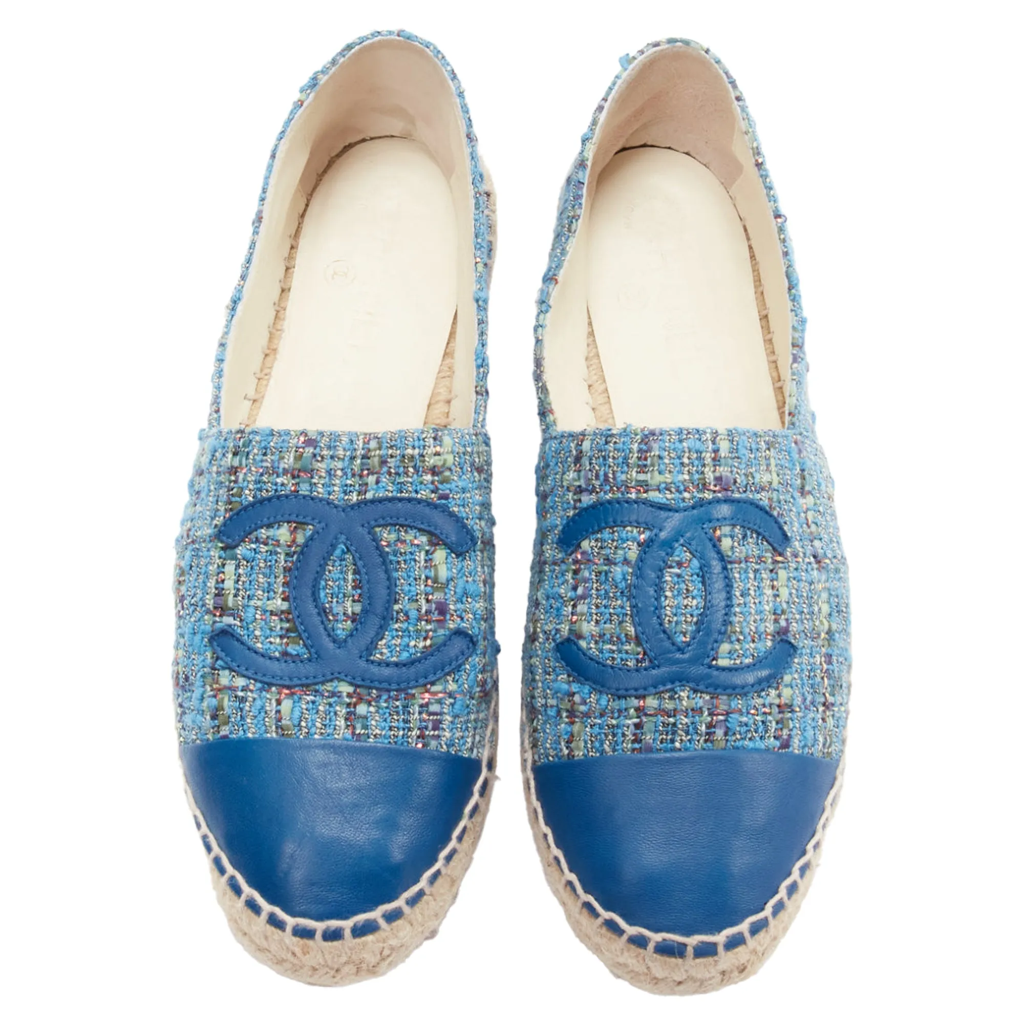 Simple Step Chanel tweed CC logo leather toe cap espadrille shoes