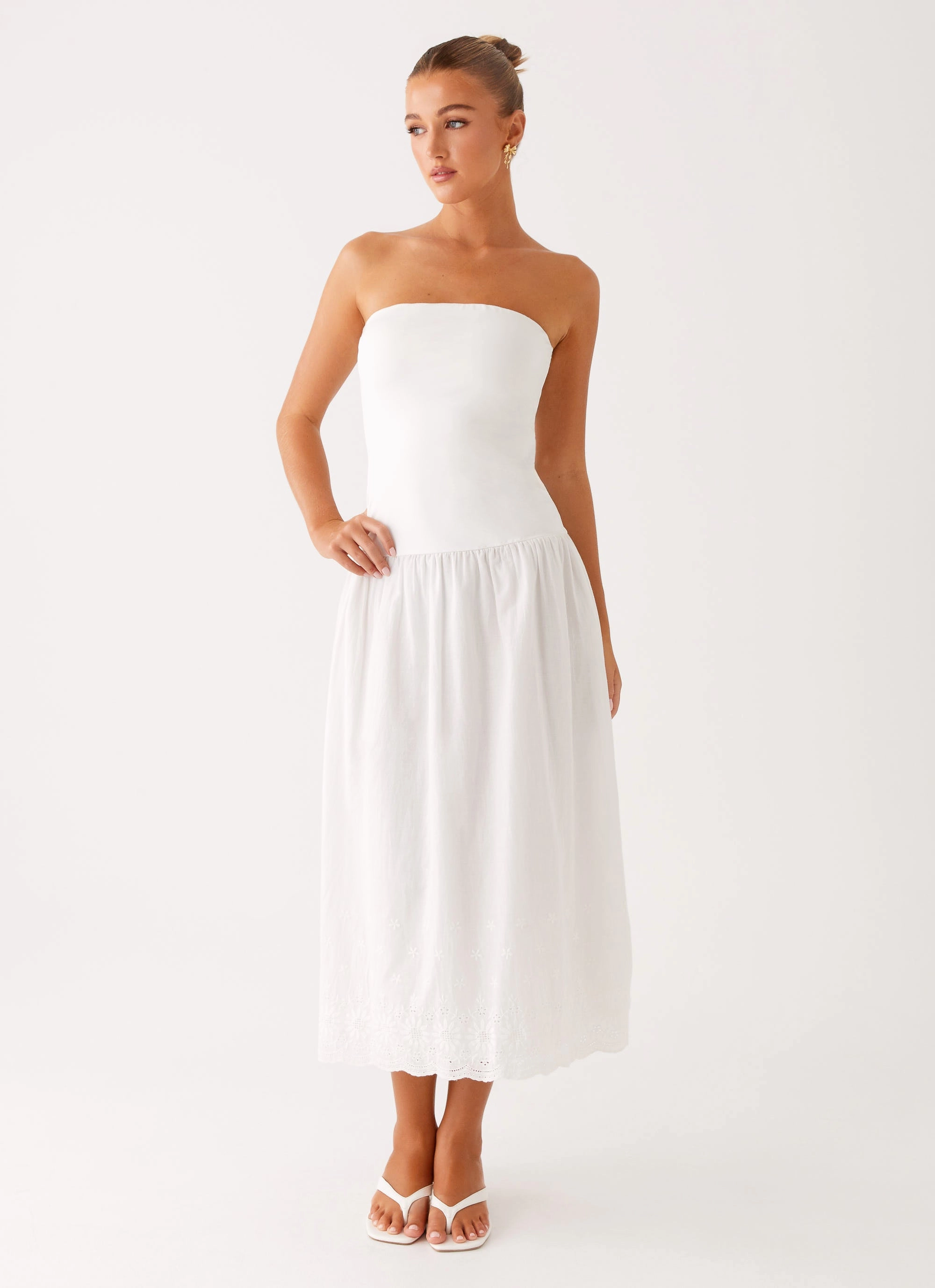 custom-fit Cherry Skies Midi Dress - White