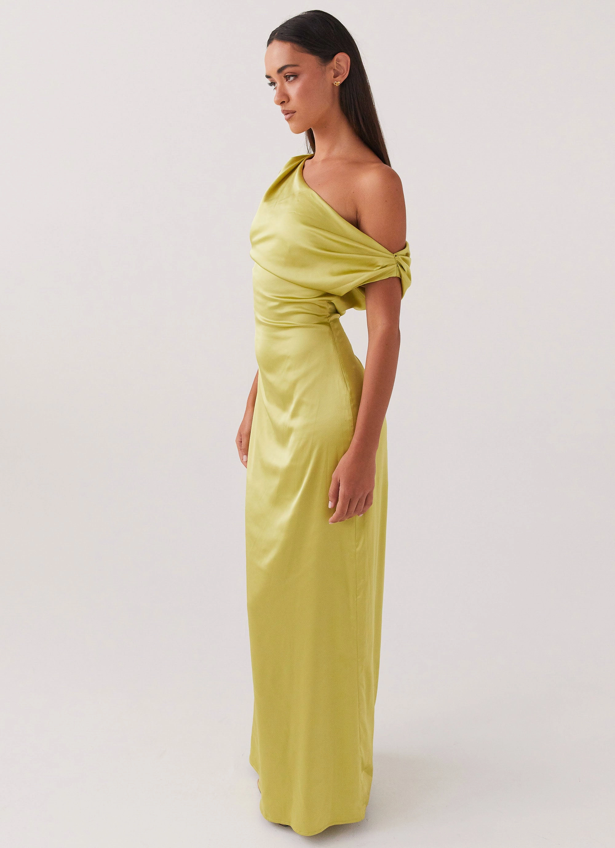 Heart Of Glass Satin Maxi Dress - Chartreuse Sleek Fit Sharp Detail