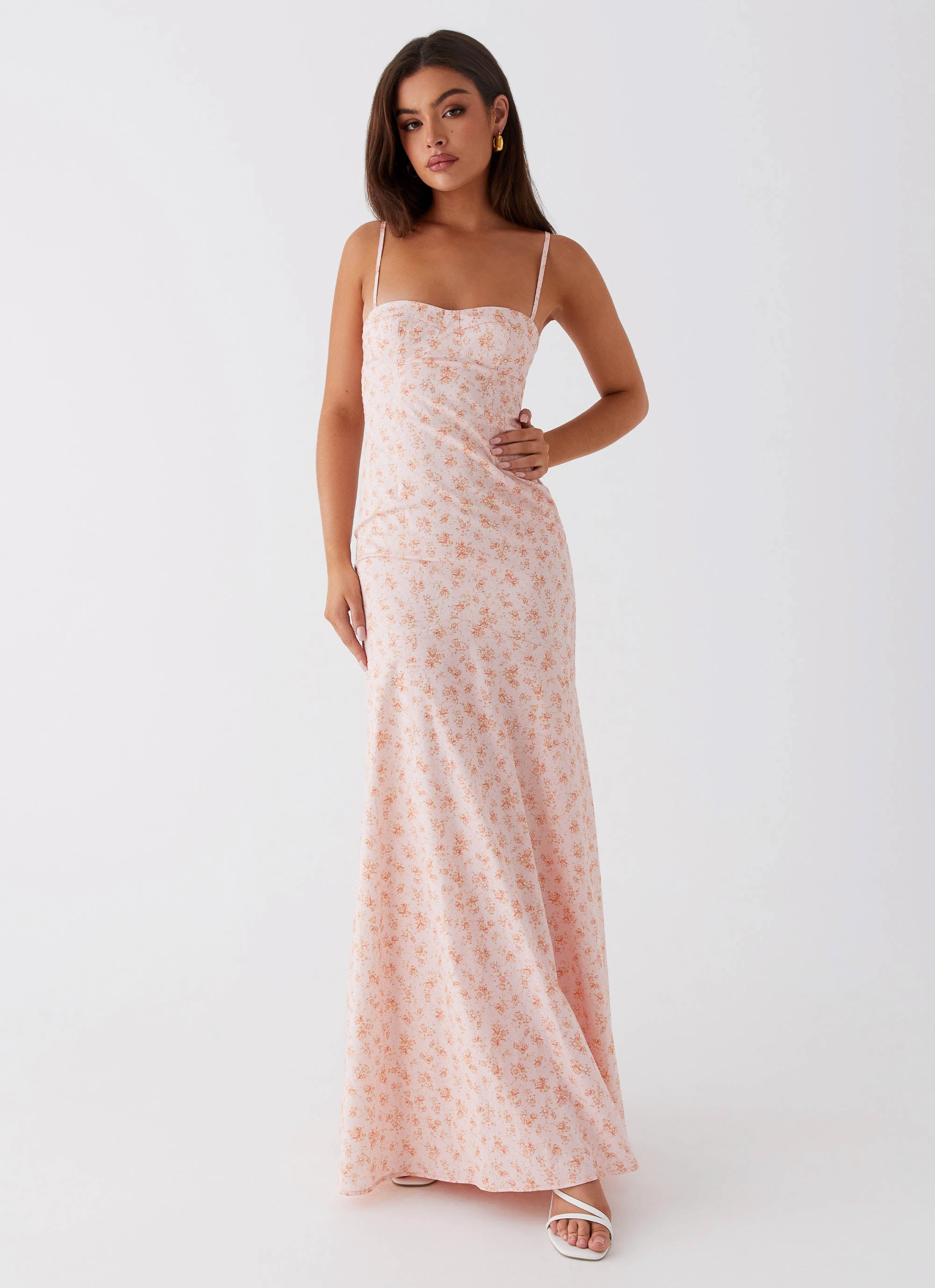 Elegant Waistband Fit NonChafeSeams Britney Maxi Dress - Pink Ditsy Floral