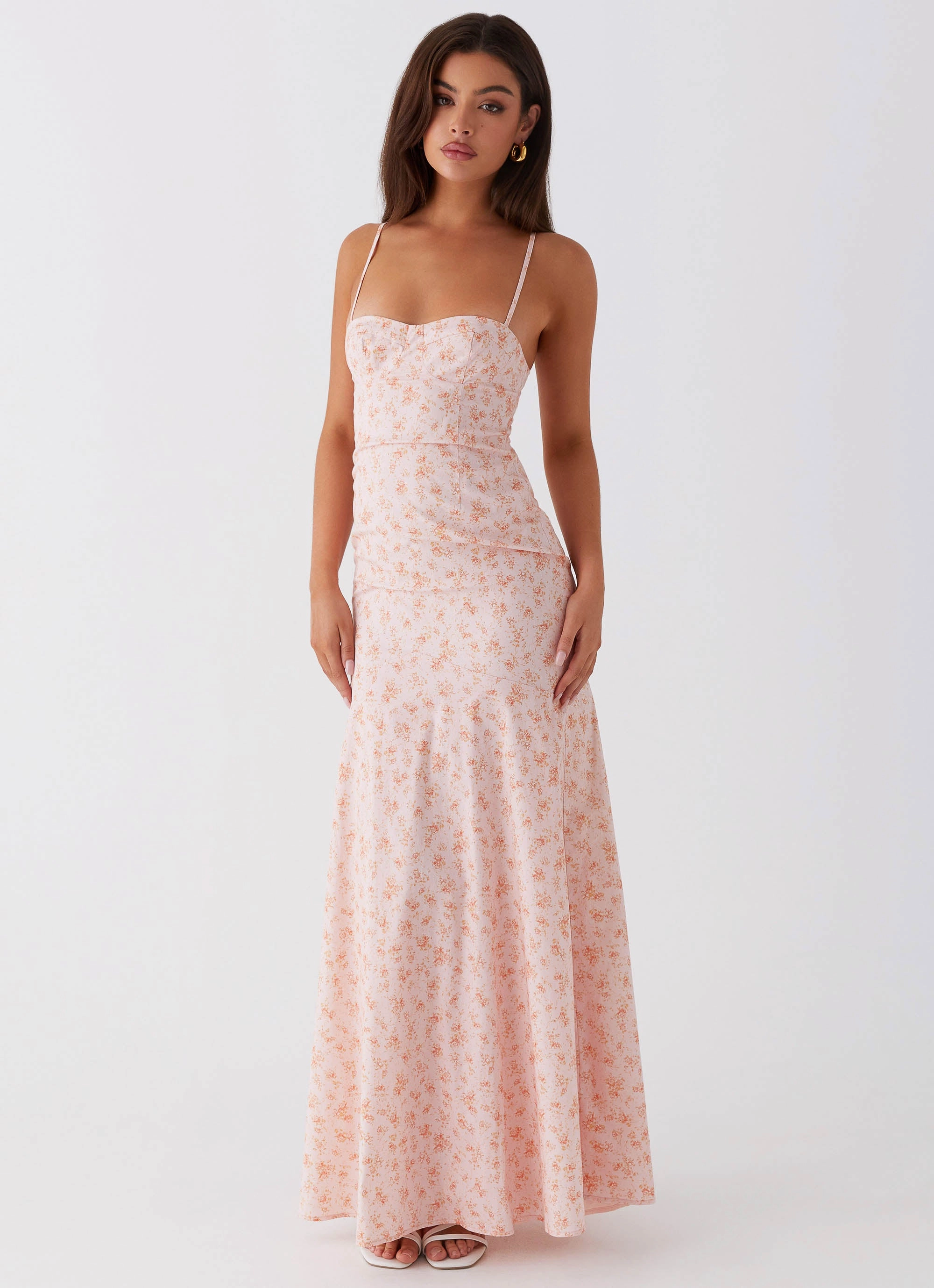 Britney Maxi Dress - Pink Ditsy Floral Silky Drape