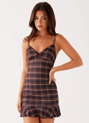 Karis Mini Dress - Brown Black Check Shiny surface Light Fabrication