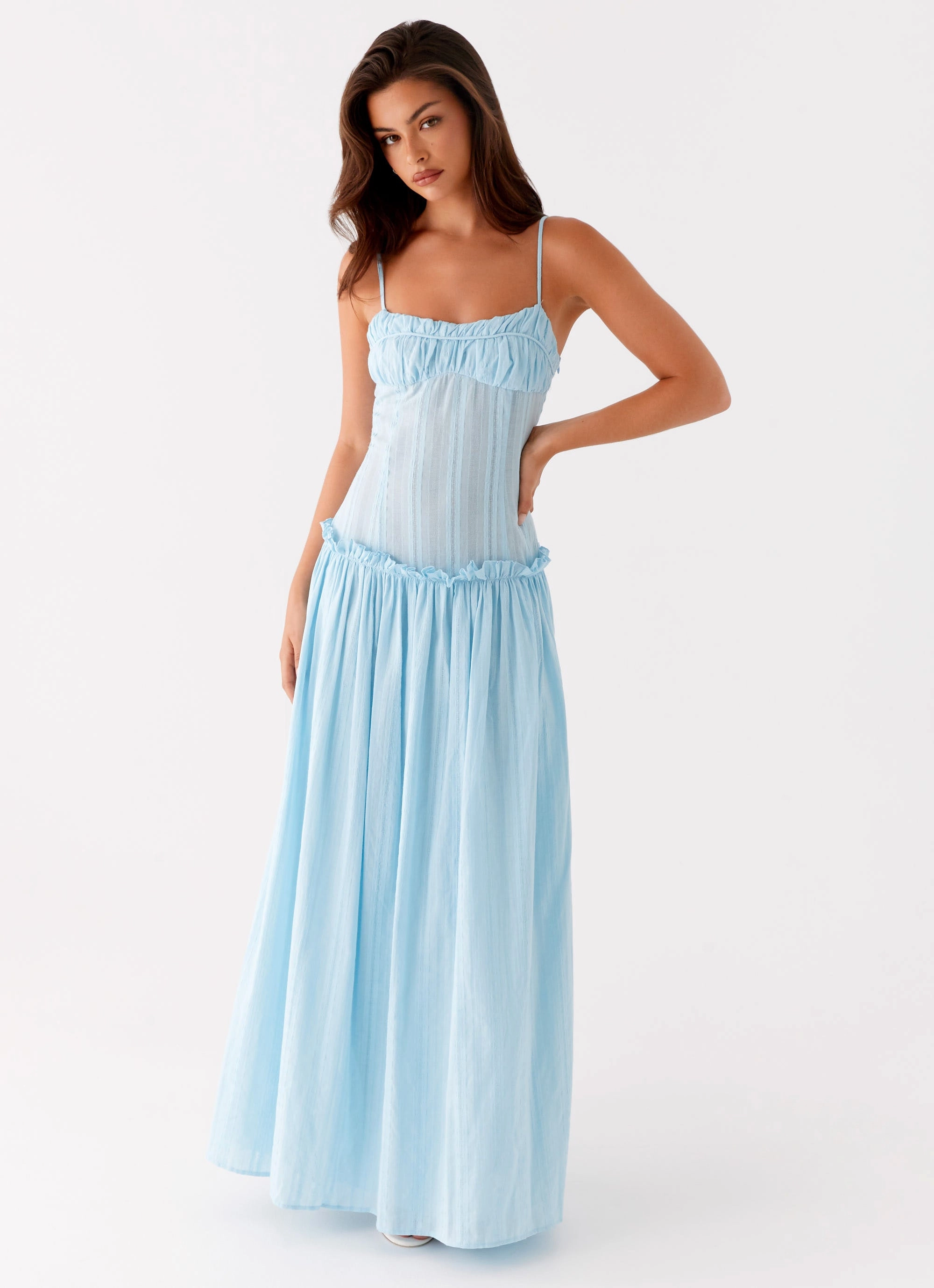 Jacinda Drop Waist Maxi Dress - Blue Cool Elegance