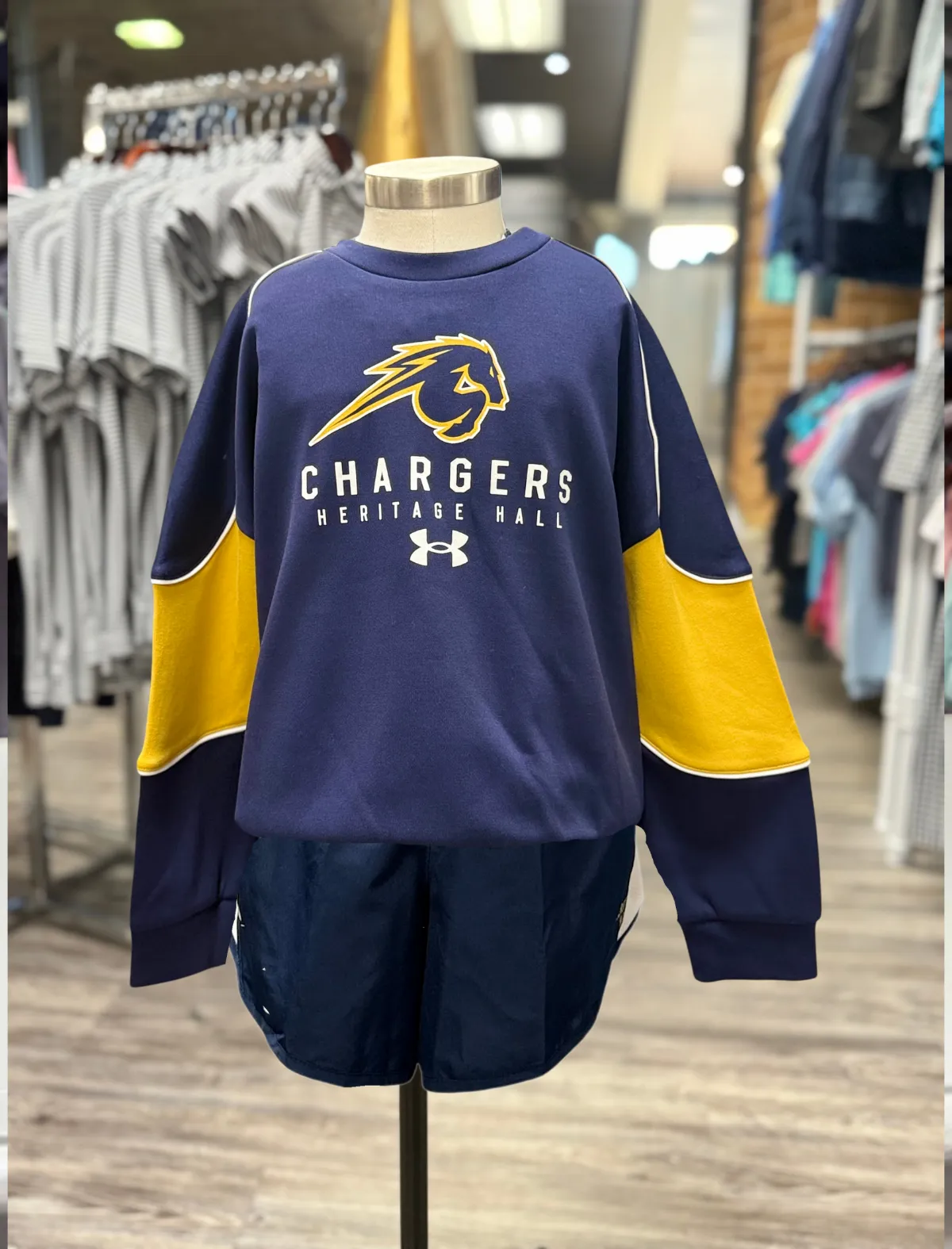 Youth UA Gameday Sweatshirt, navy and yellow good for yoga