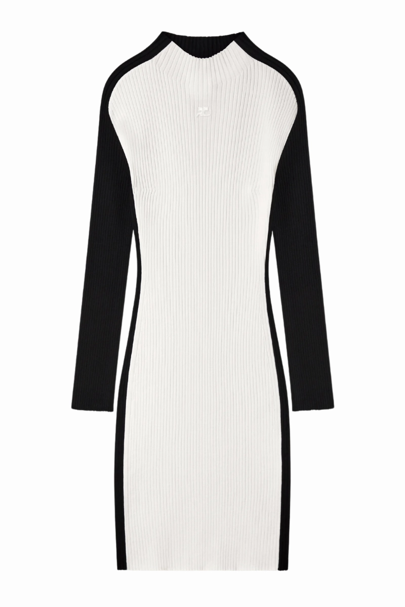 Layered Fit Side-Pocket Contrast Frame Rib Knit Mini Dress