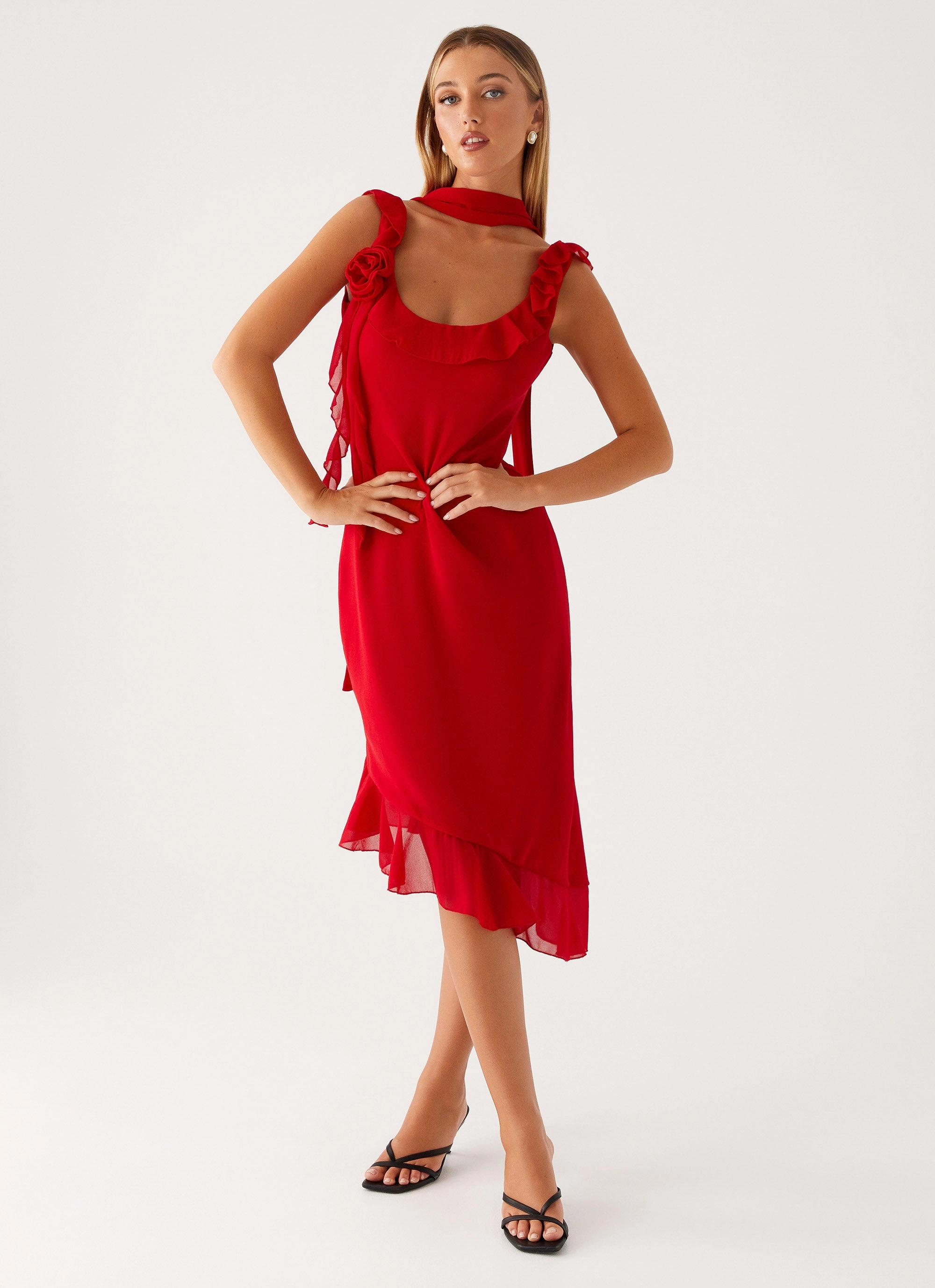 Fariday Midi Dress - Red Satin-Finish