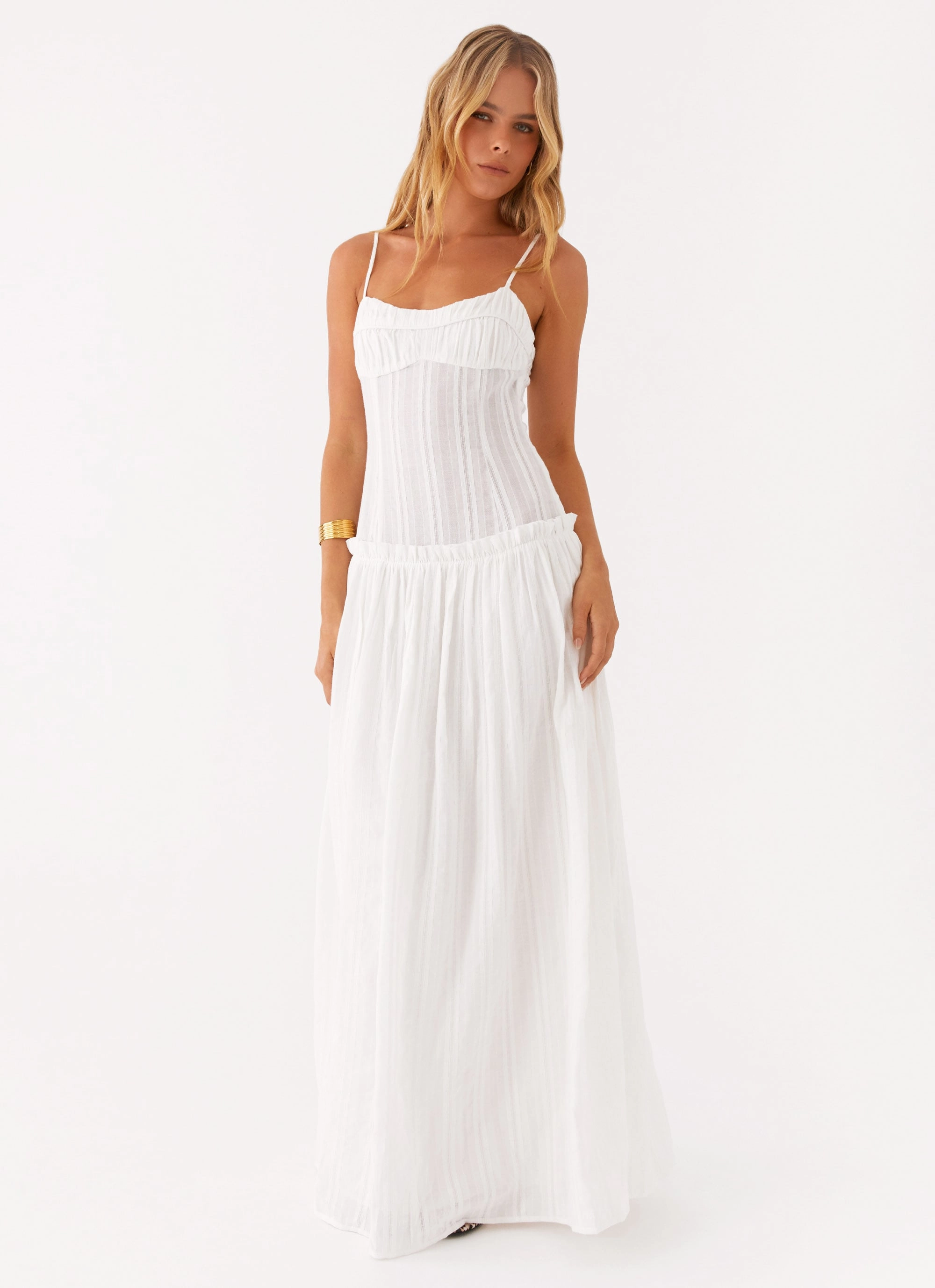 Jacinda Drop Waist Maxi Dress - Ivory Feminine off-the-shoulder gown High Hemline