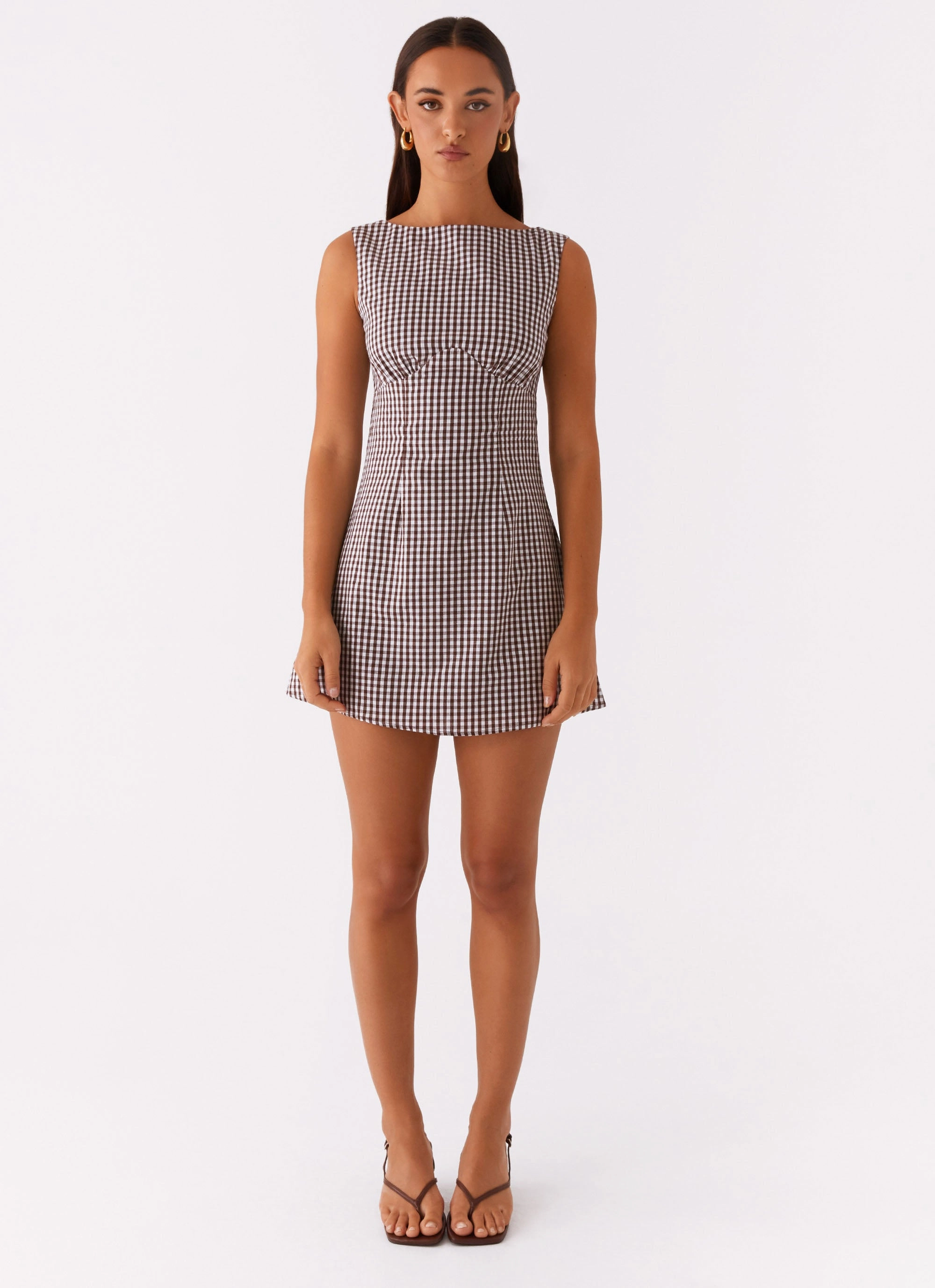 Lotus Tie Back Mini Dress - Chocolate Gingham Versatile Layer MoldResistantTexture