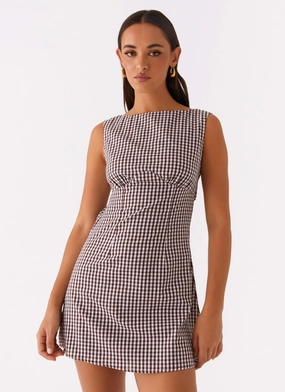 Body Flow Walk Grace Lotus Tie Back Mini Dress - Chocolate Gingham