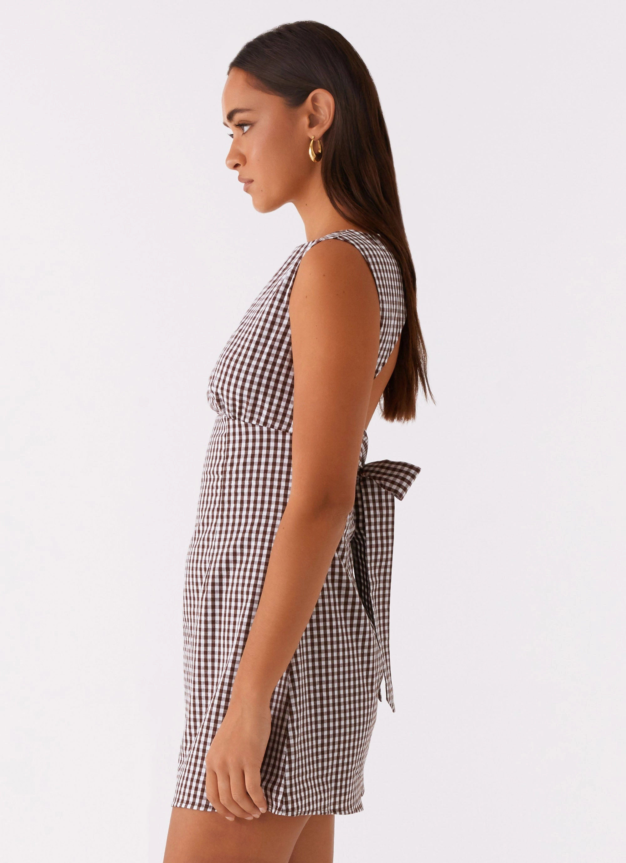 Effortless Comfort Lotus Tie Back Mini Dress - Chocolate Gingham