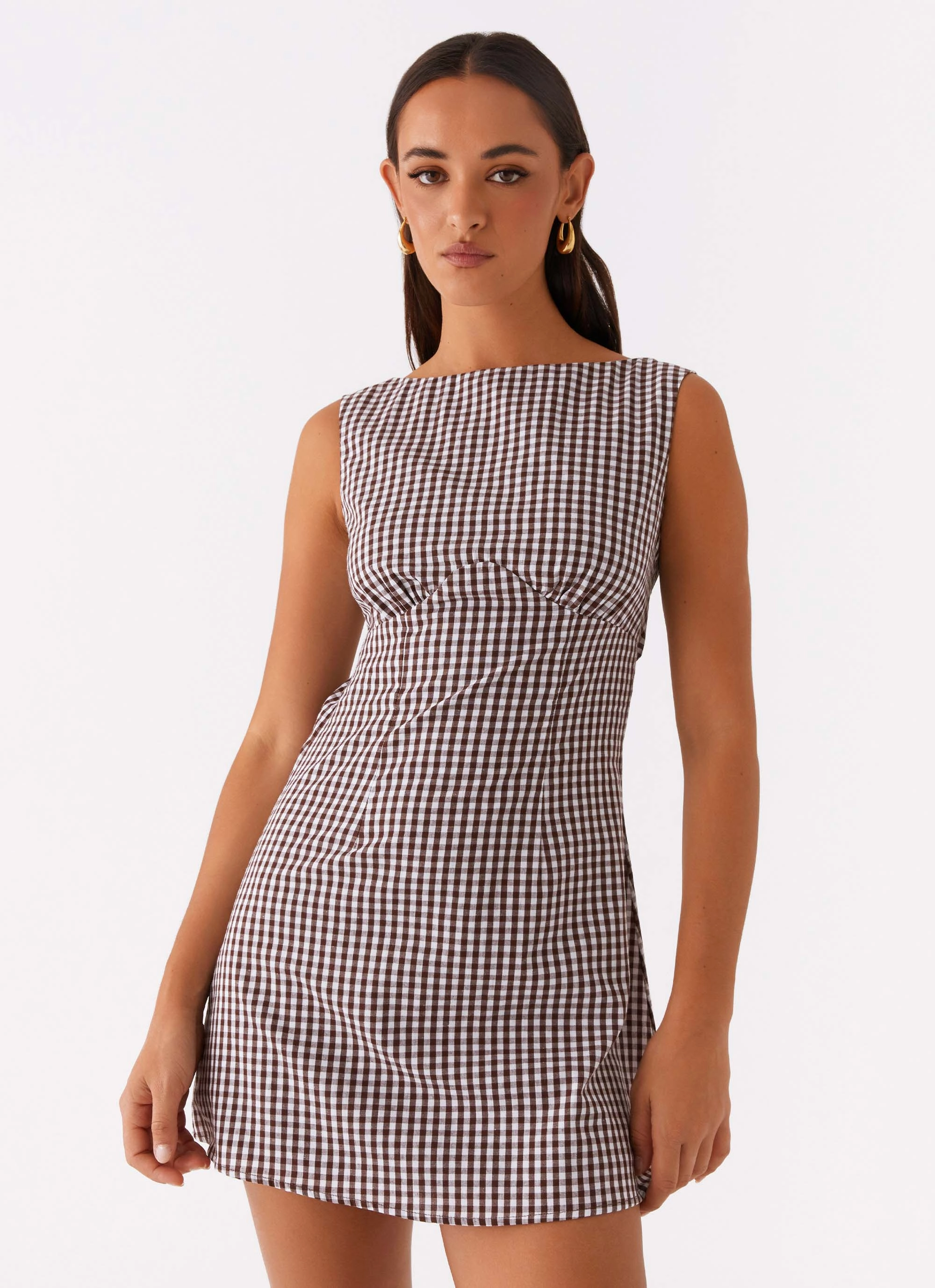 Body Flow Walk Grace Lotus Tie Back Mini Dress - Chocolate Gingham