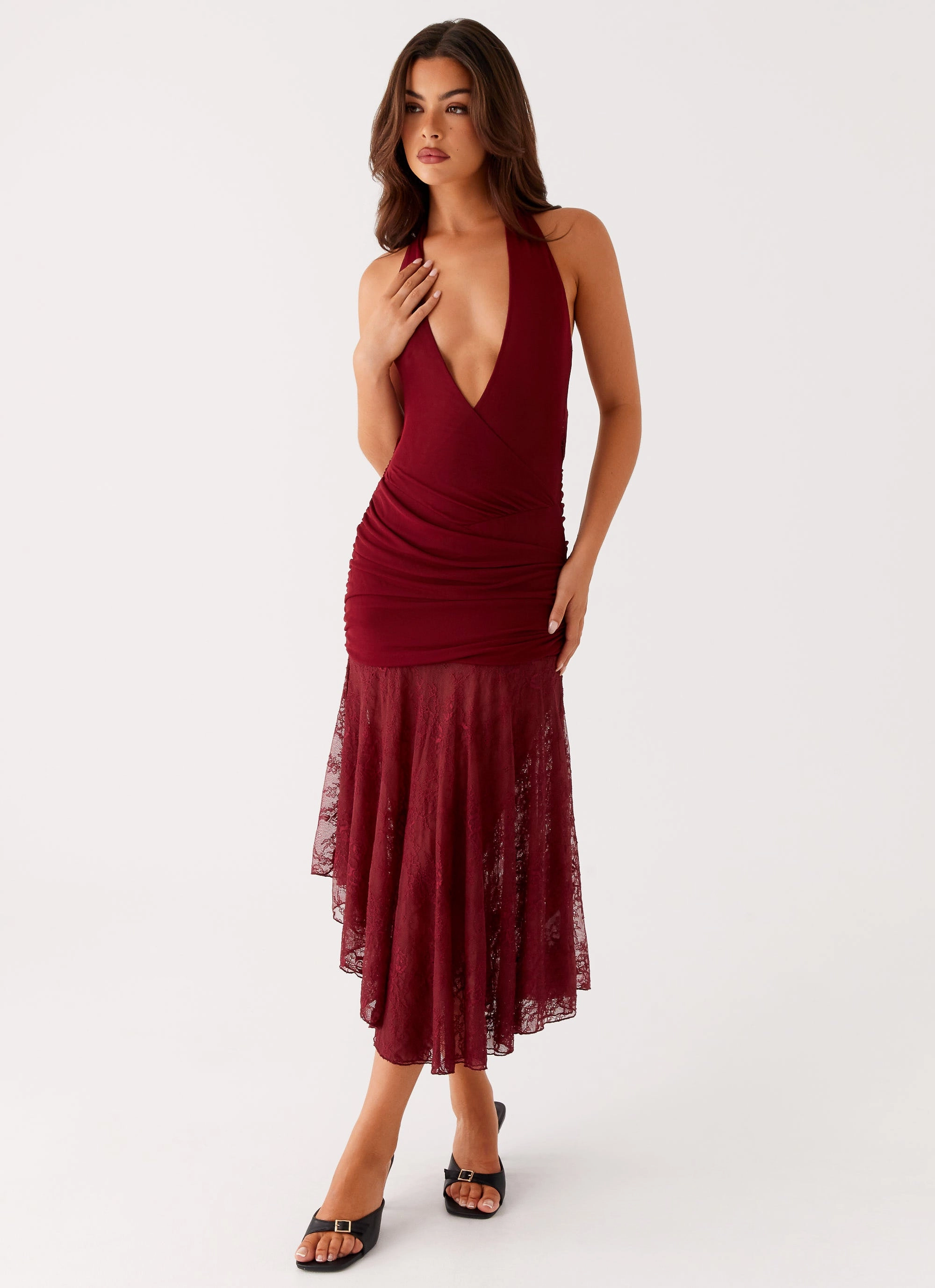 Bright Petal Burnout Midi Dress - Maroon