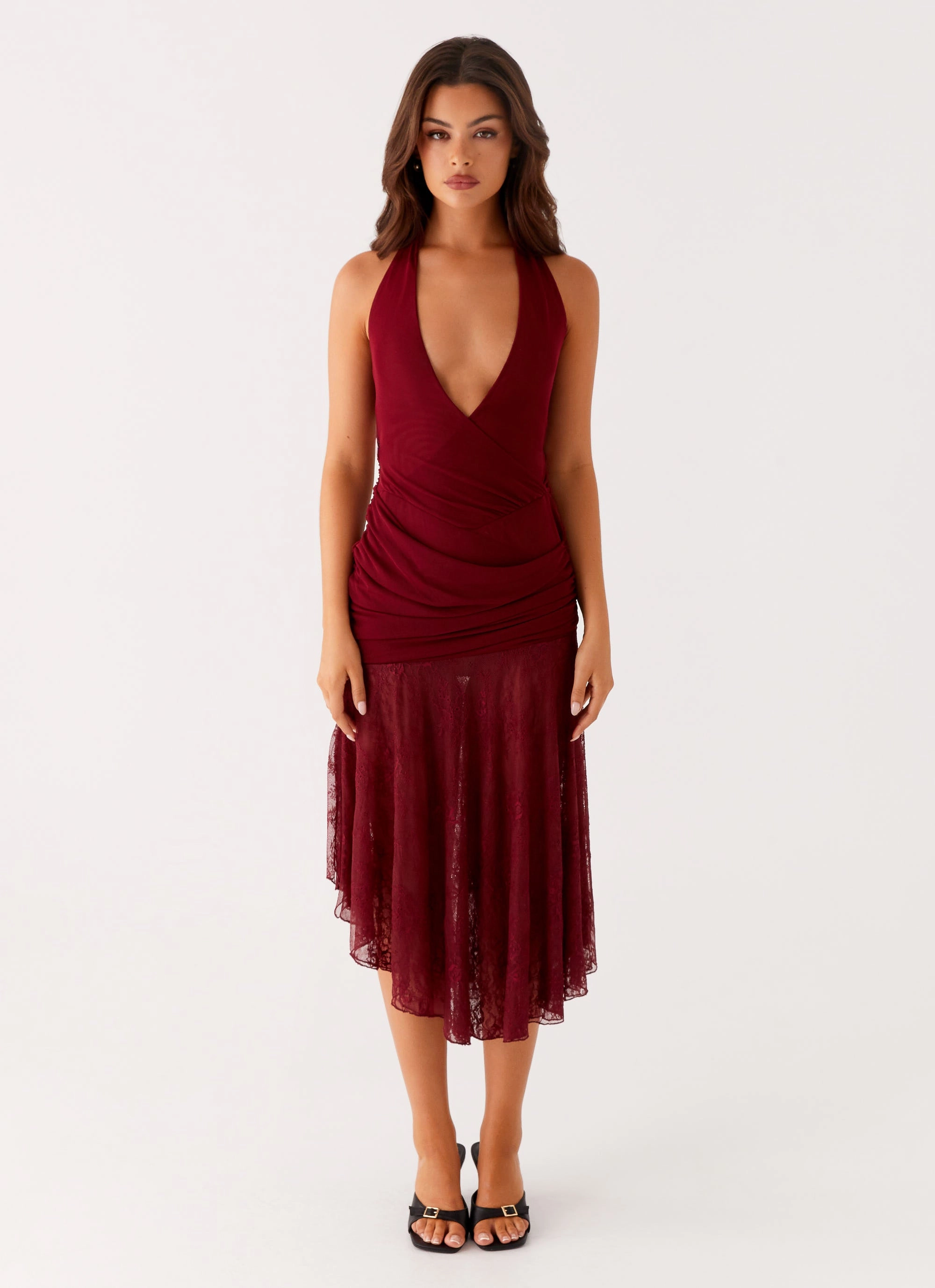 Kimono-Sleeve Burnout Midi Dress - Maroon