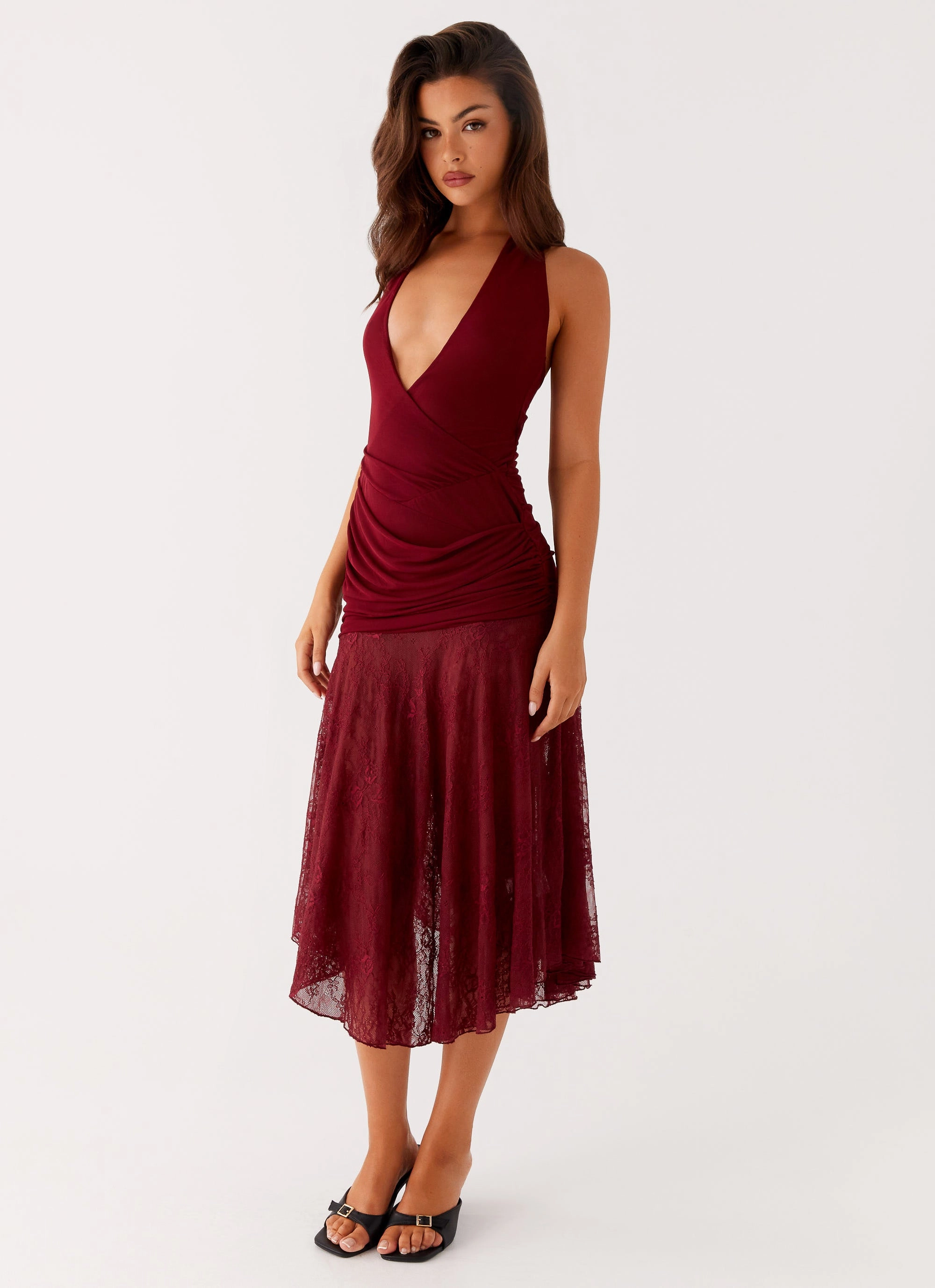 Burnout Midi Dress - Maroon Gentle Glow