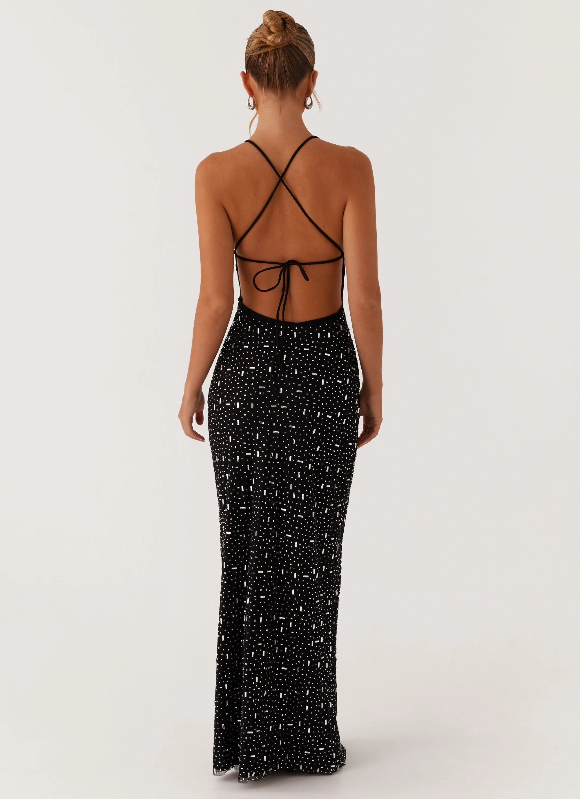 Cressida Rhinestone Mesh Maxi Dress - Black Side Slit Luxe Wear