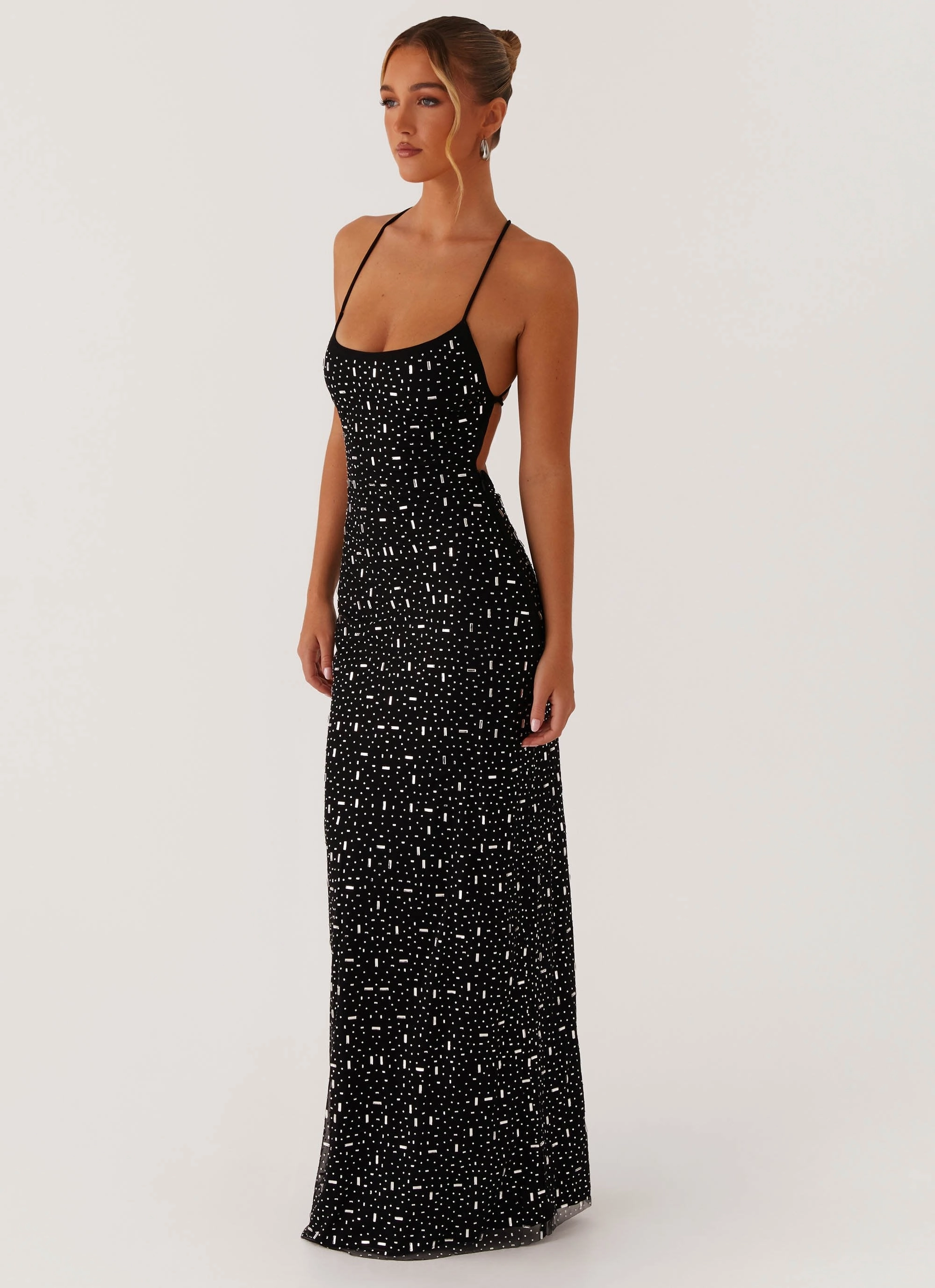 Grass Soft Cressida Rhinestone Mesh Maxi Dress - Black