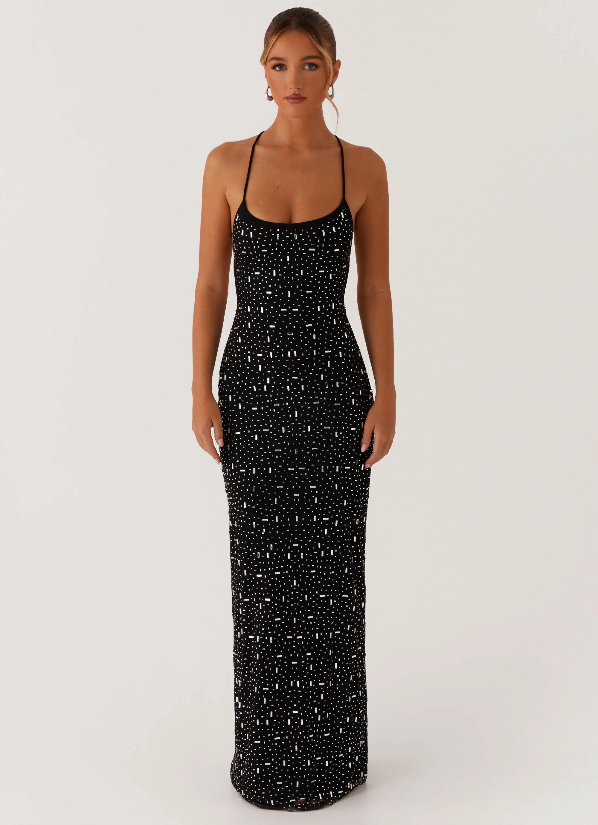 Quiet Glow Cressida Rhinestone Mesh Maxi Dress - Black