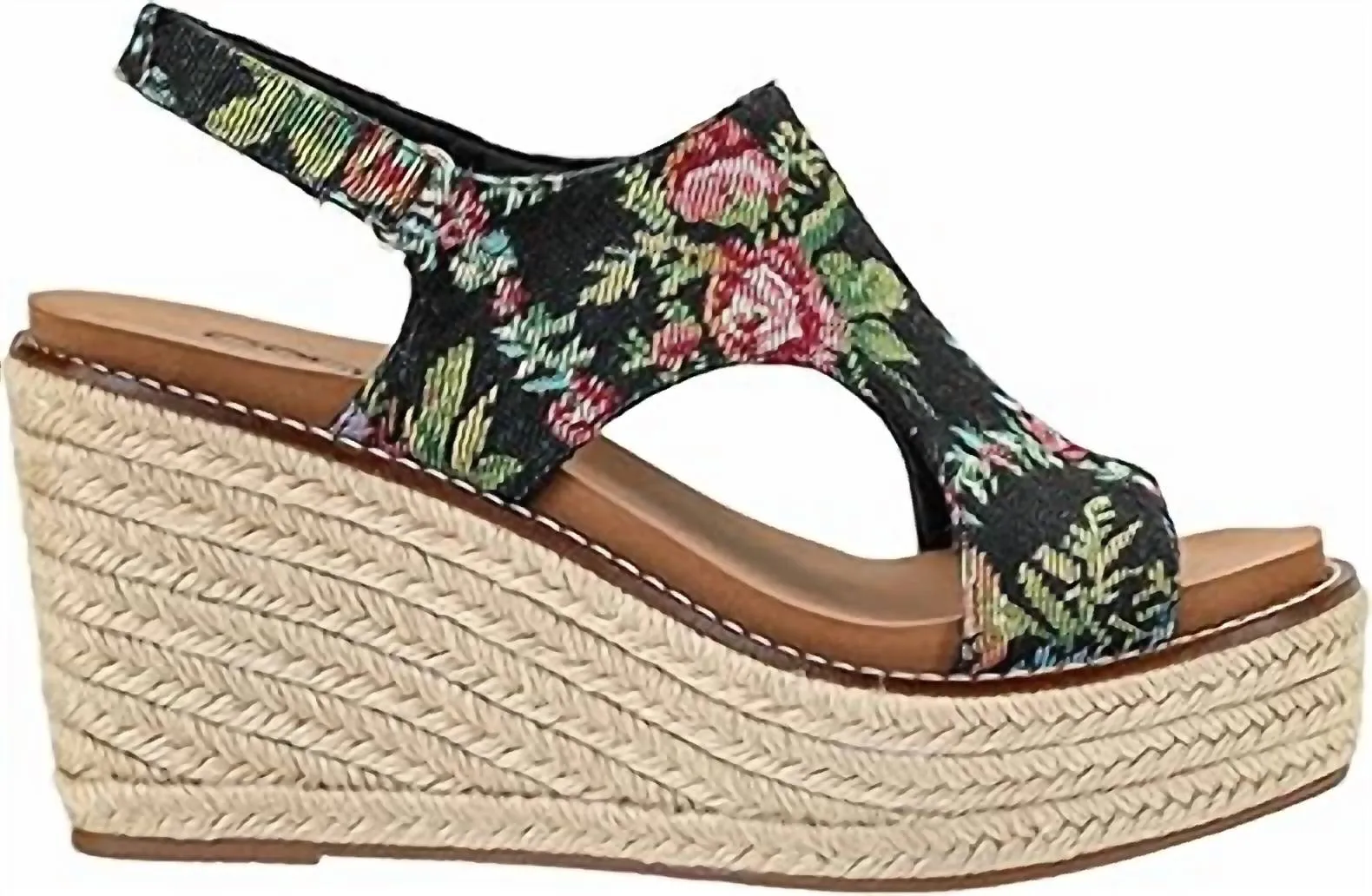 Women's Freddie Wedge Sandals In Black Brocade Secure Wrap