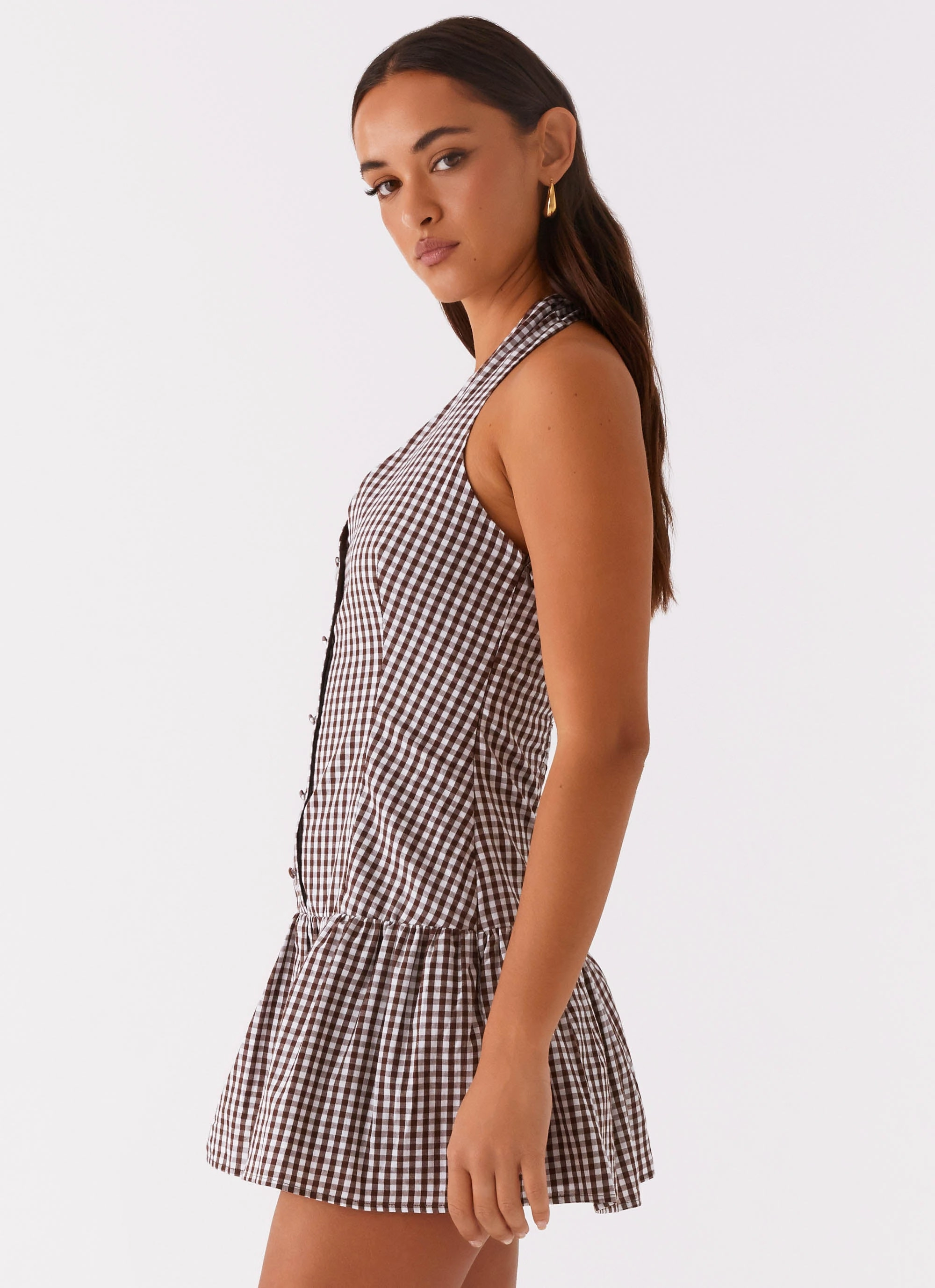 New Look Shirred Halter Mini Dress - Chocolate Gingham Smart and Elegant