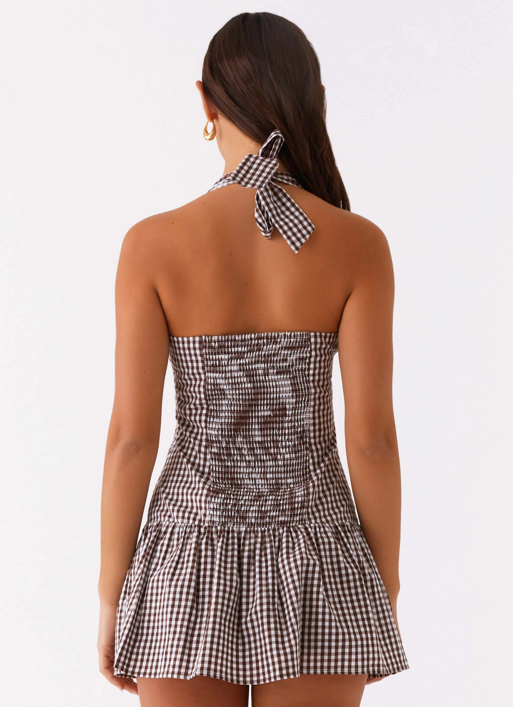 Texture Edge Cozy Drape New Look Shirred Halter Mini Dress - Chocolate Gingham