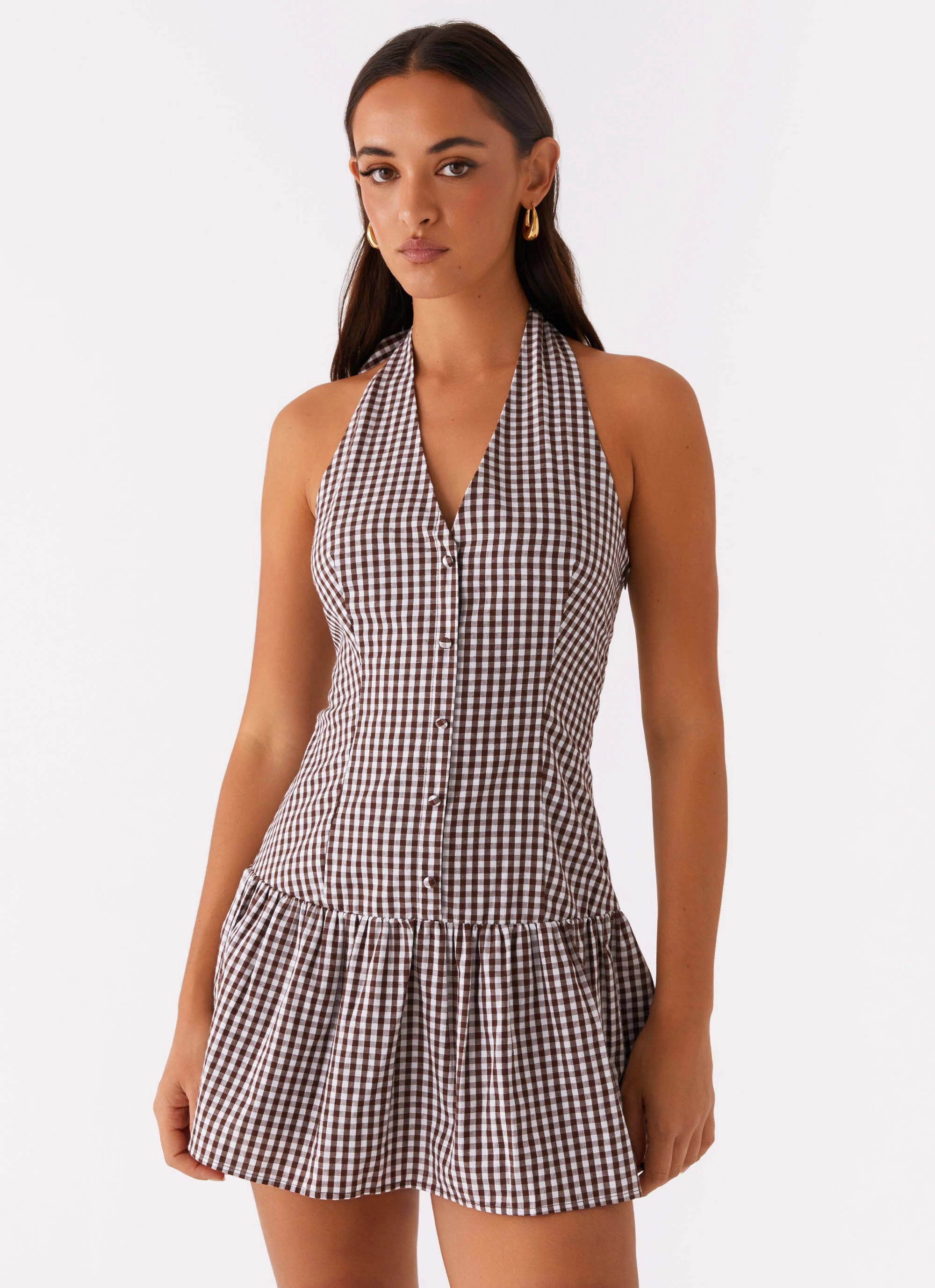 Elegant Silhouette New Look Shirred Halter Mini Dress - Chocolate Gingham