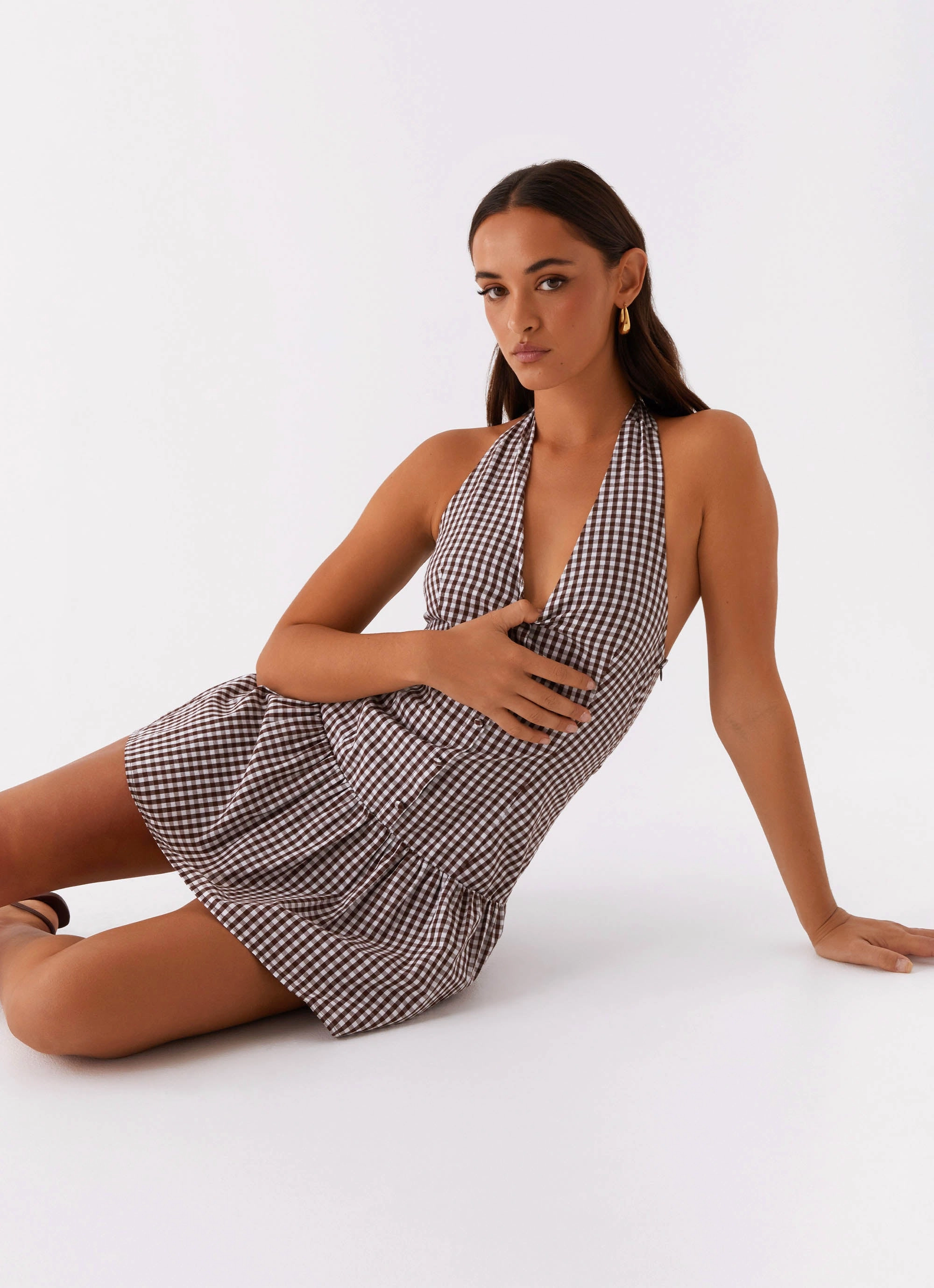 Edgy vibes Style Blend New Look Shirred Halter Mini Dress - Chocolate Gingham