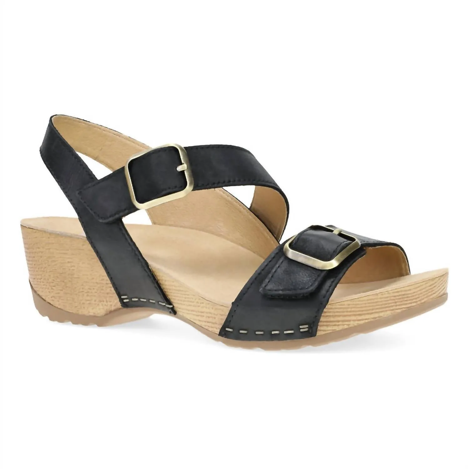 Women's Trinity Wedge Sandals In Black Burnished Nubuck Adjustable Walking Shoes