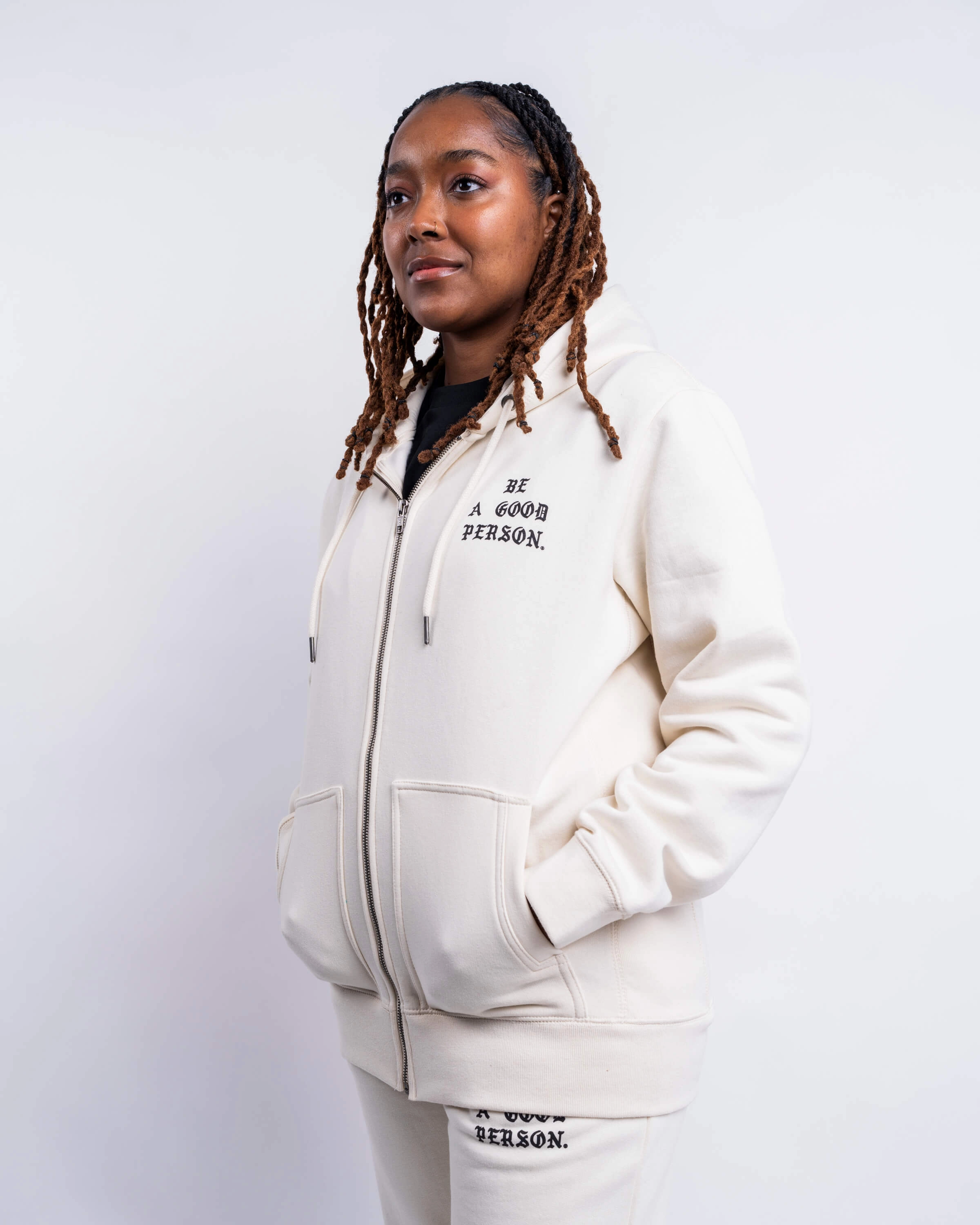Saint Script Zip Up - Cream Low Profile Hood Fashion Vibe
