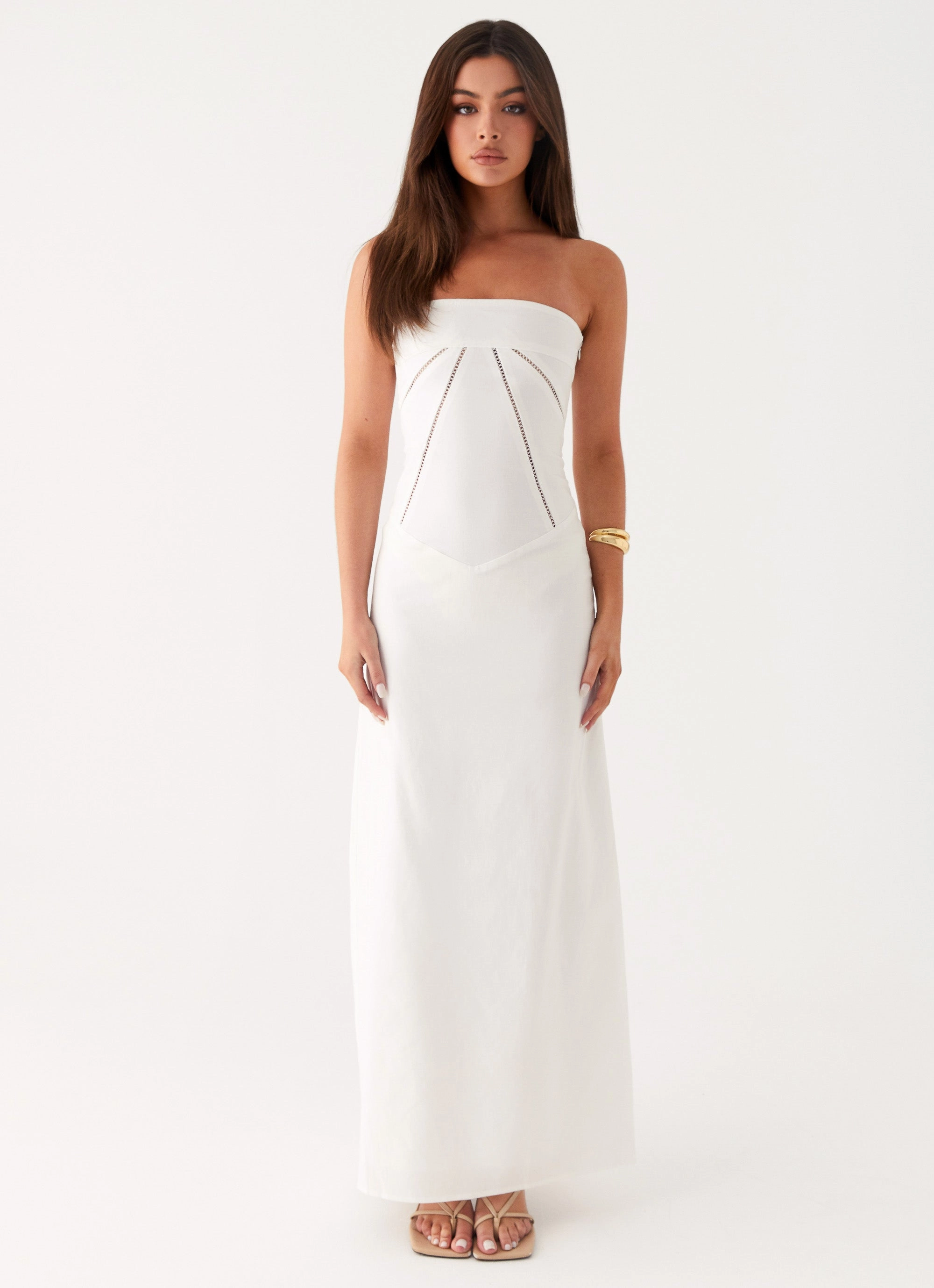 Cerisa Linen Maxi Dress - White Versatile Edge Satin-Edge
