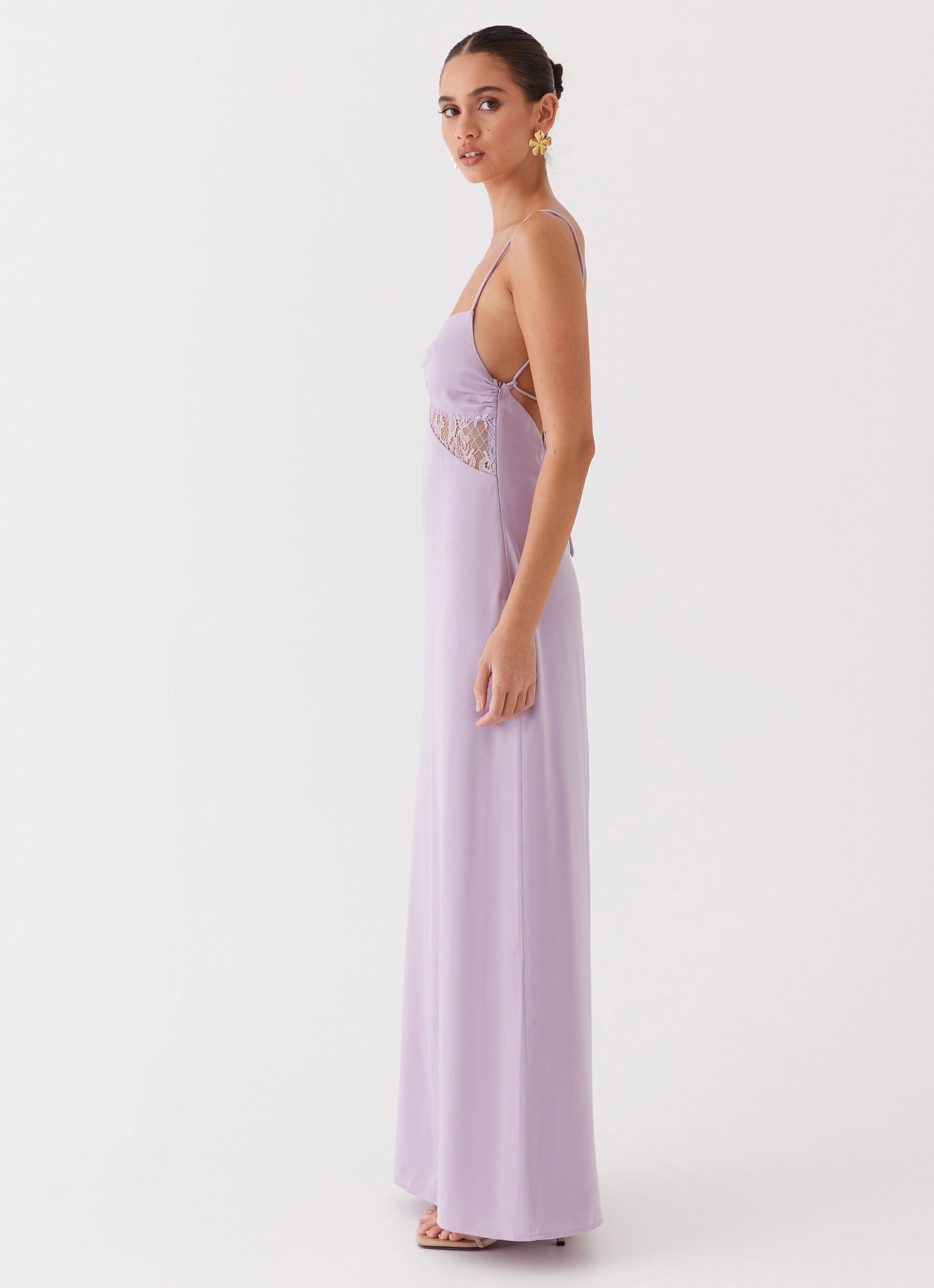Spring Flow Flowing Lines Dream Sight Lace Satin Maxi Dress - Lilac