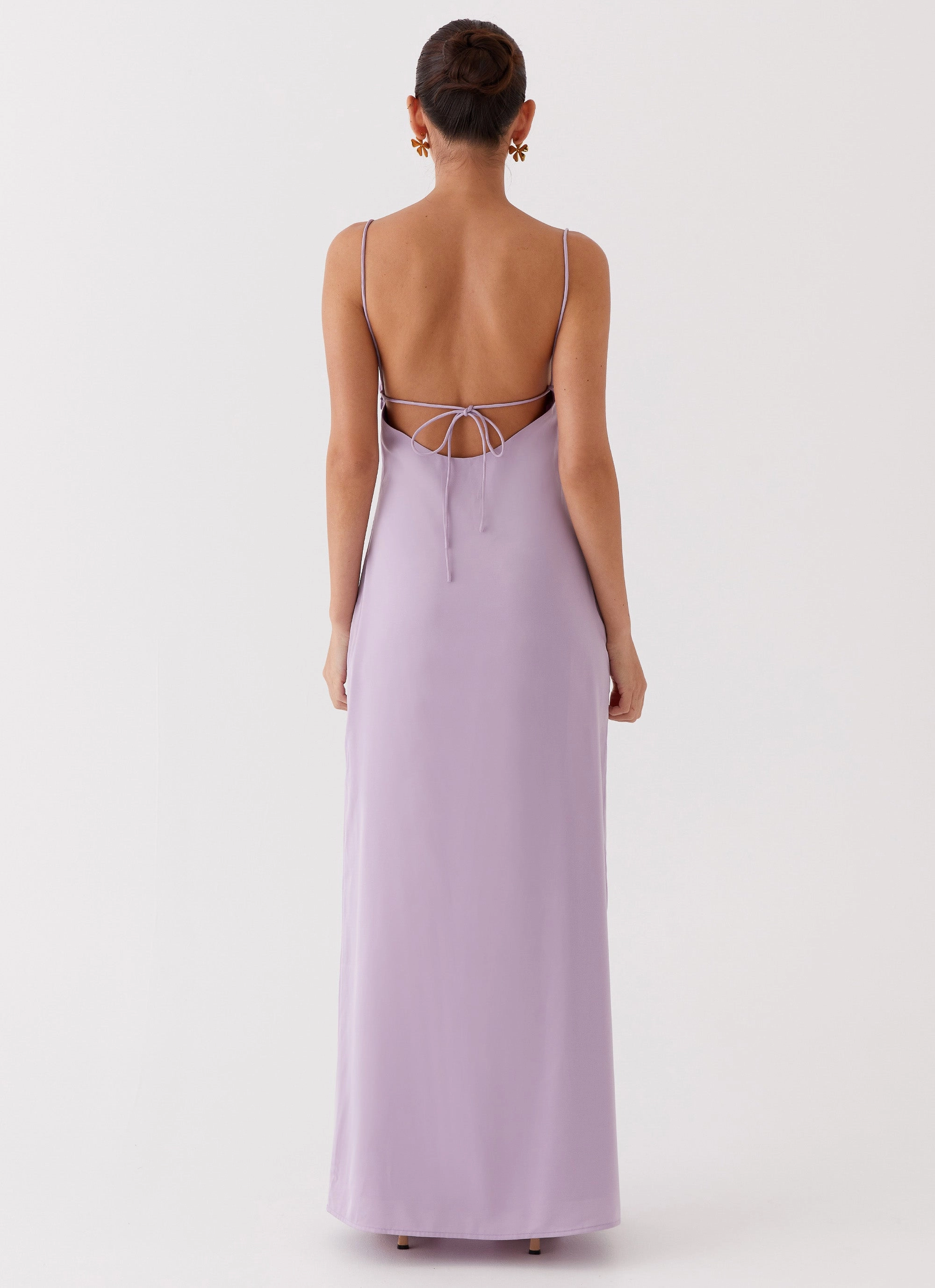 Side Slit Dream Sight Lace Satin Maxi Dress - Lilac