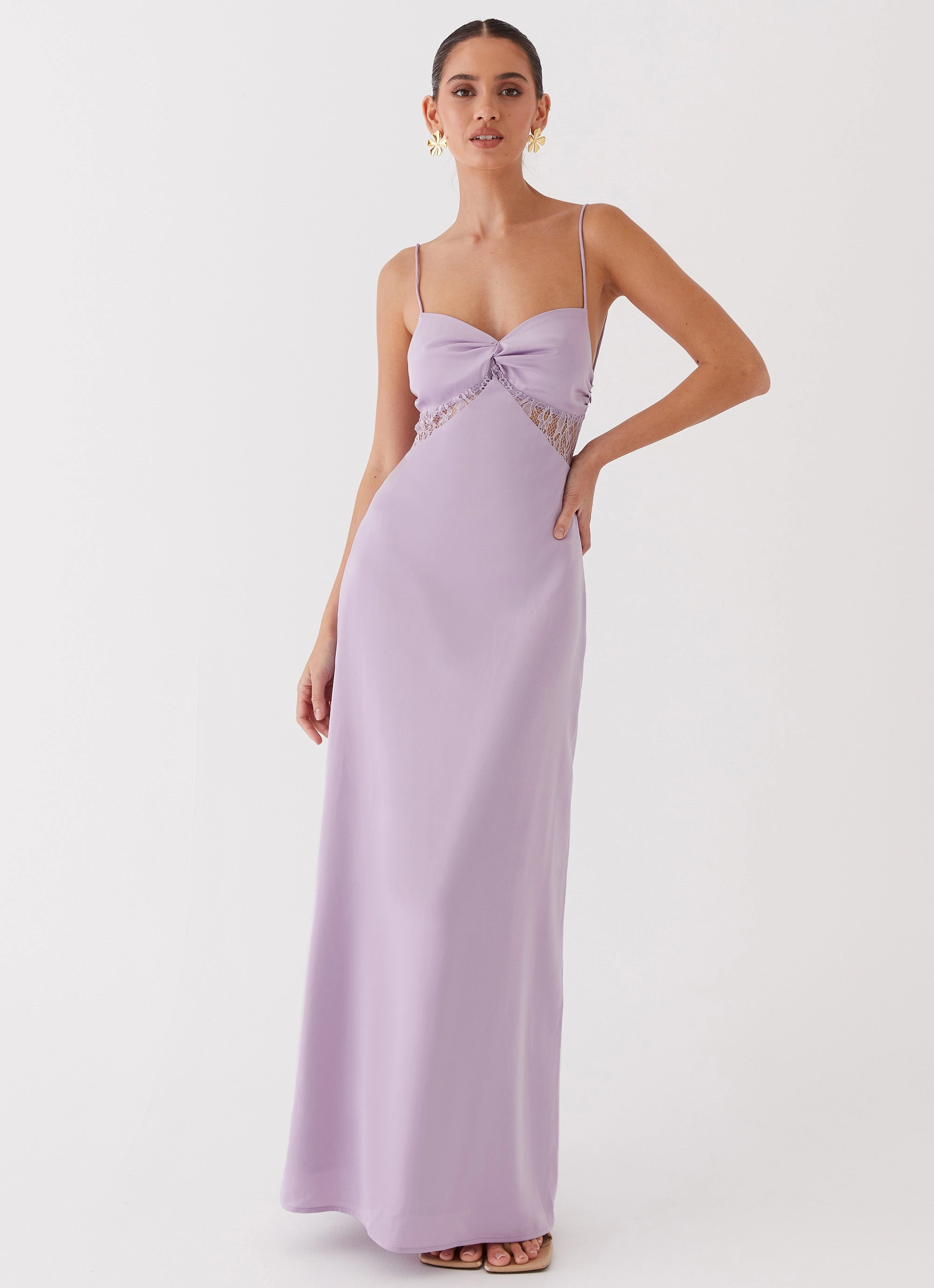 Dream Sight Lace Satin Maxi Dress - Lilac Feminine Style Elastic-Cuff