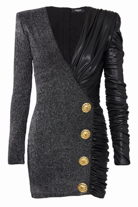 Beaded-Edge Dual-Fabric Draped Wrap Dress