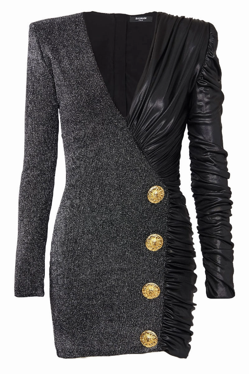 Beaded-Edge Dual-Fabric Draped Wrap Dress