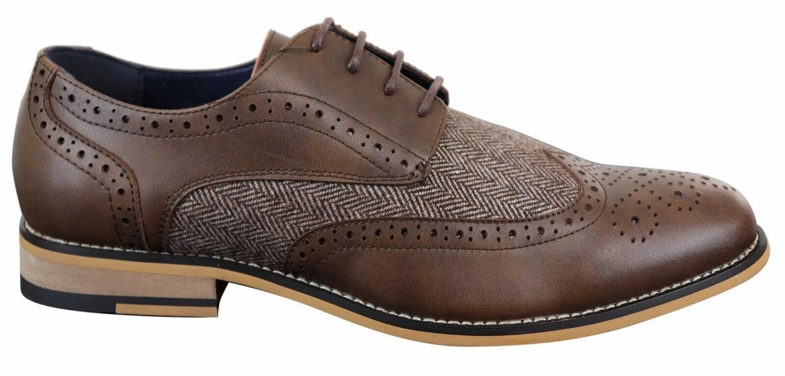 Clean Trim Wide Comfort Mens Classic Oxford Tweed Brogue Shoes in Brown Leather