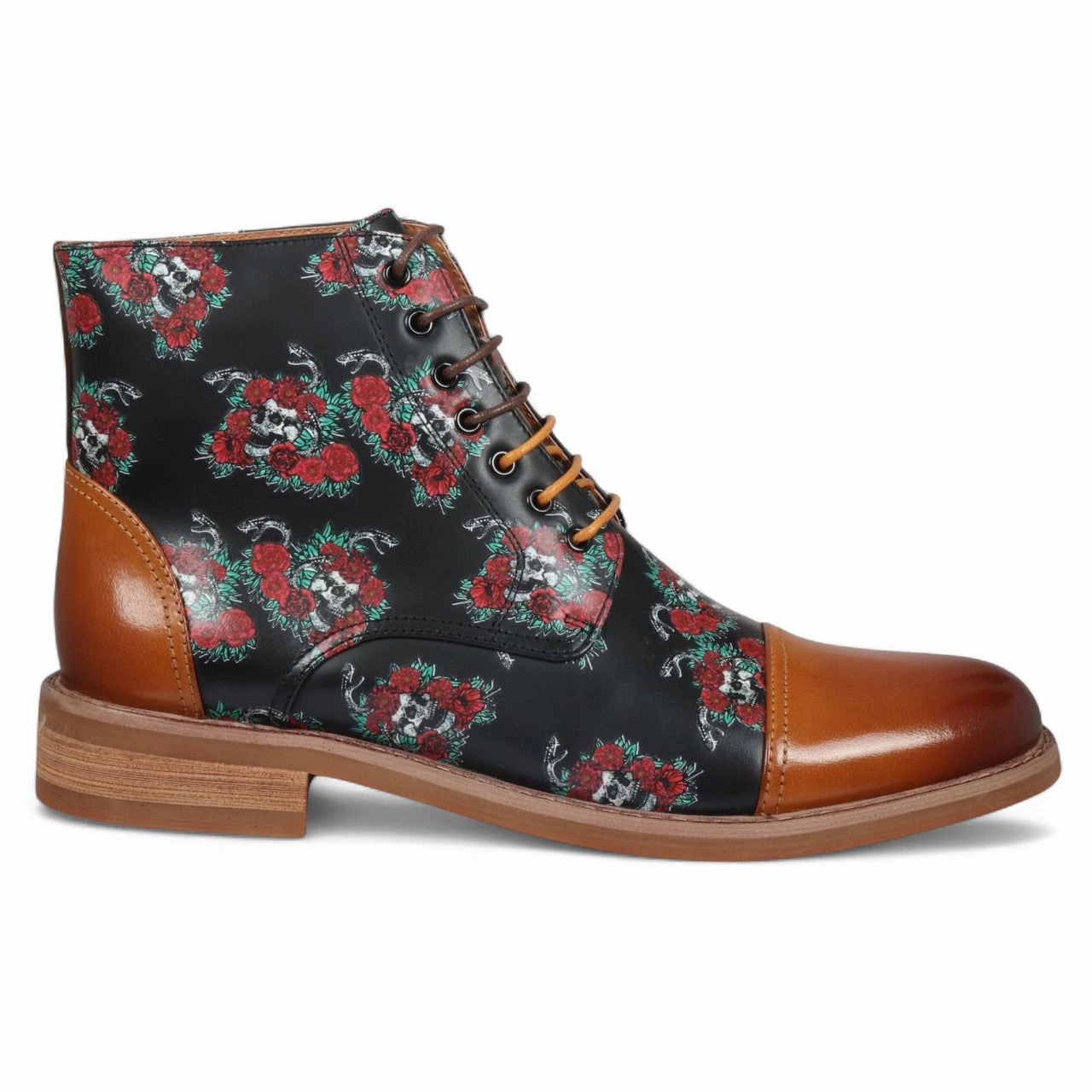Justin Reess Heren Bruine Oxford Enkellaarsjes van Leer met Bloemenprint - Adam Skull Balanced Step