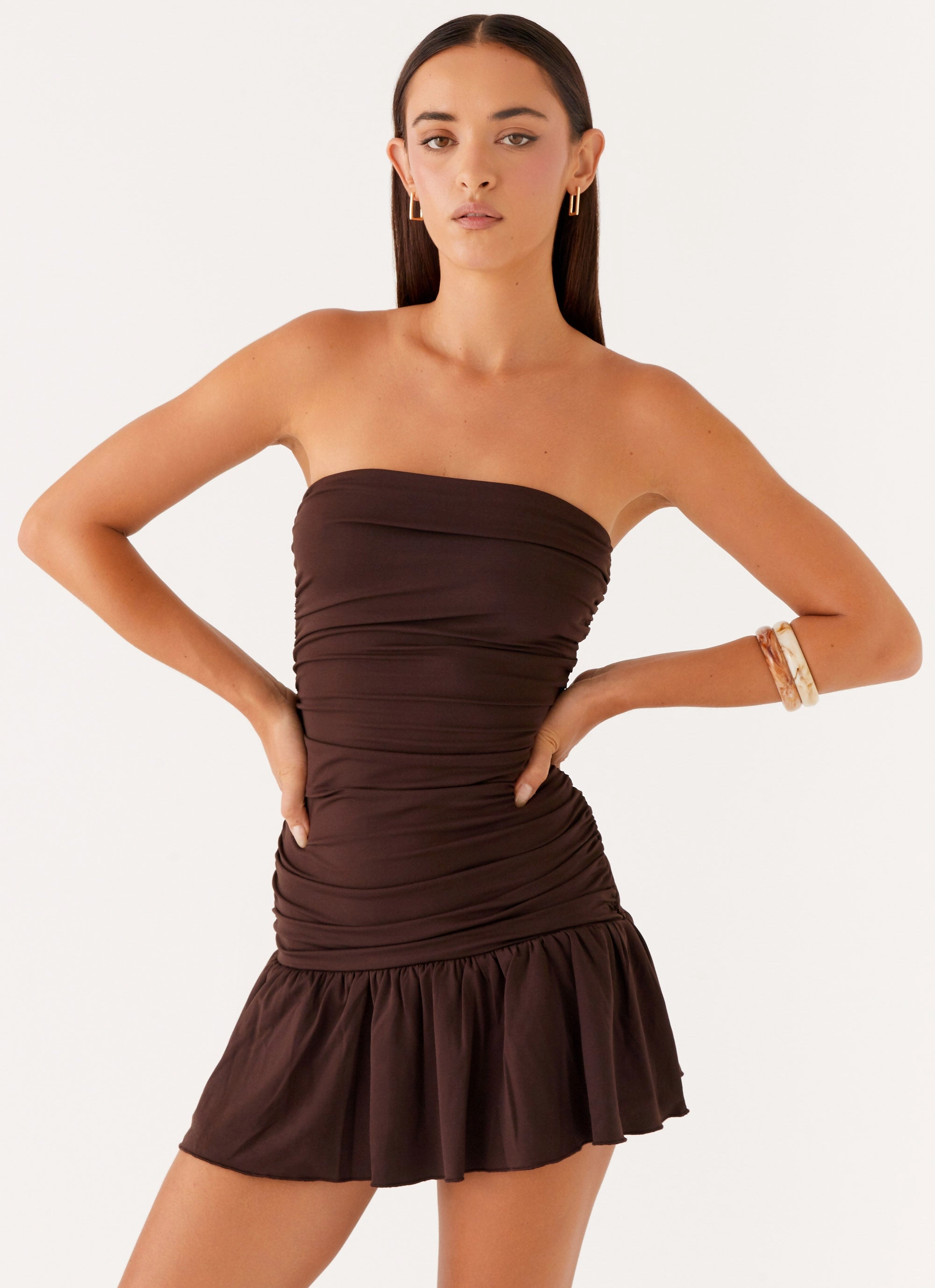 Unique Cut Subtle Look Eclair Mini Dress - Chocolate