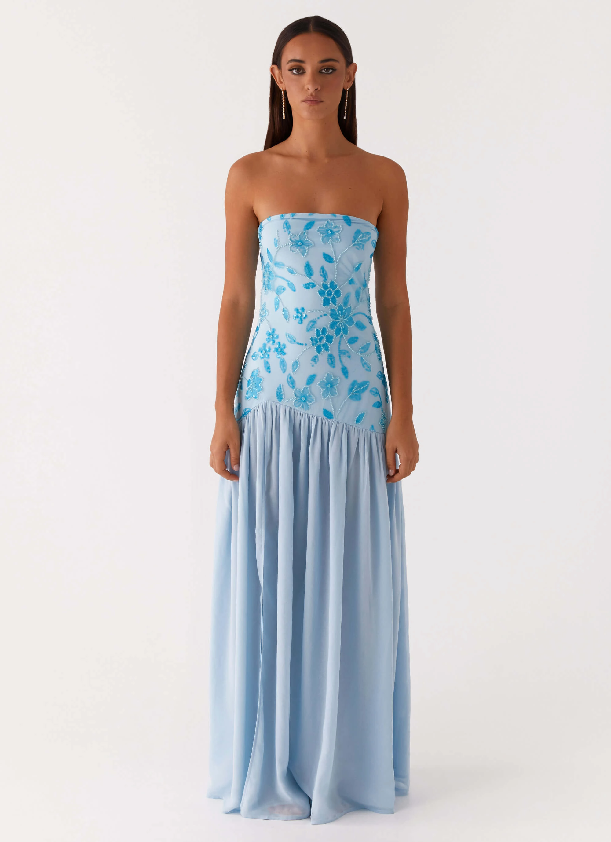 Eden Strapless Beaded Maxi Dress - Blue Soft Layering