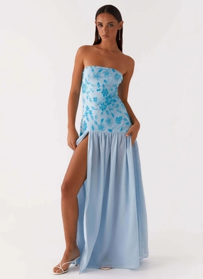 Vibrant Spirit Stylish party wear Eden Strapless Beaded Maxi Dress - Blue