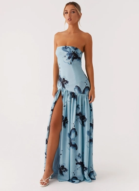 Eden Strapless Maxi Dress - Blue Black Floral Fluid Fabric Red Carpet