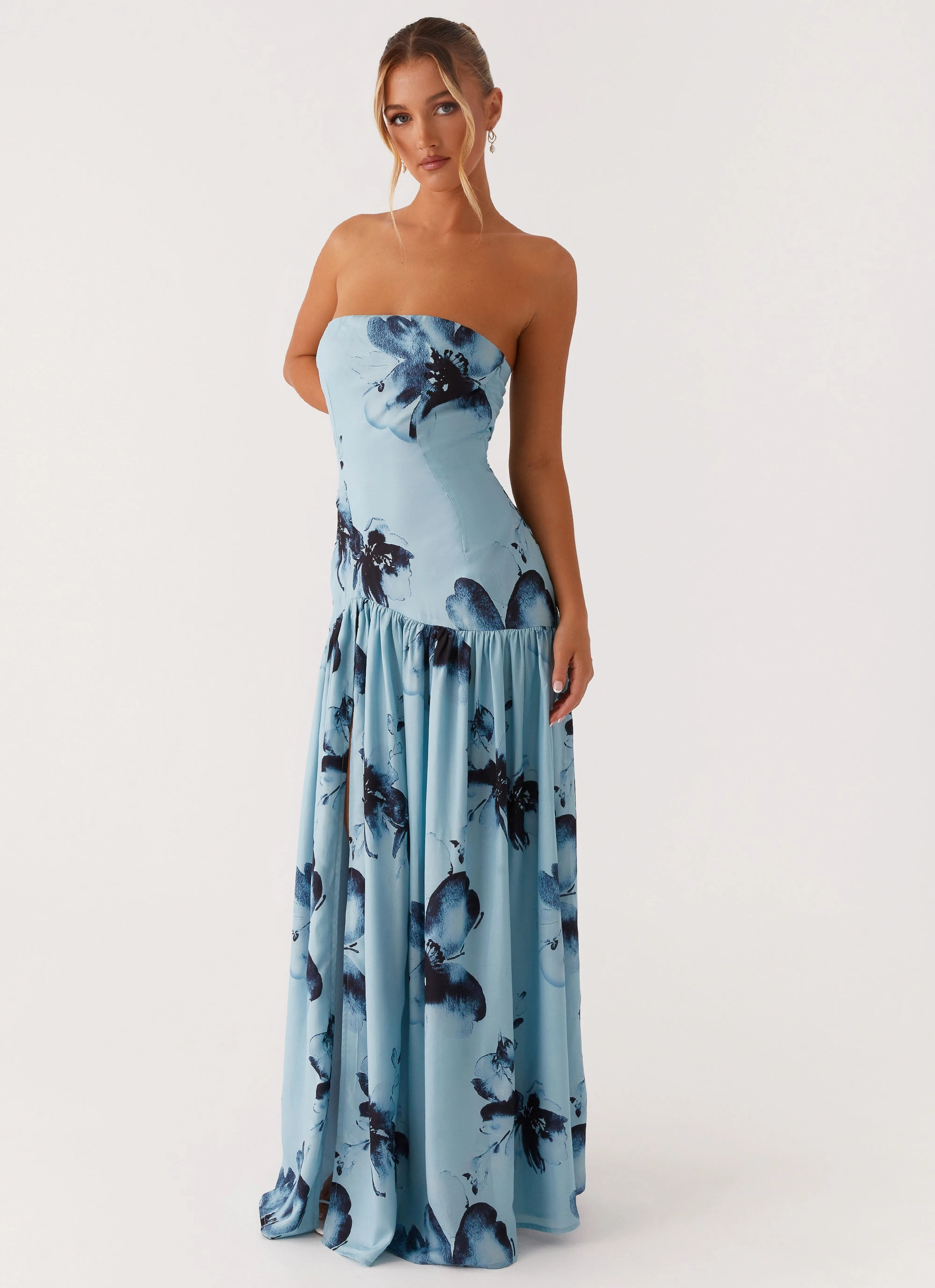 Eden Strapless Maxi Dress - Blue Black Floral Body Ease