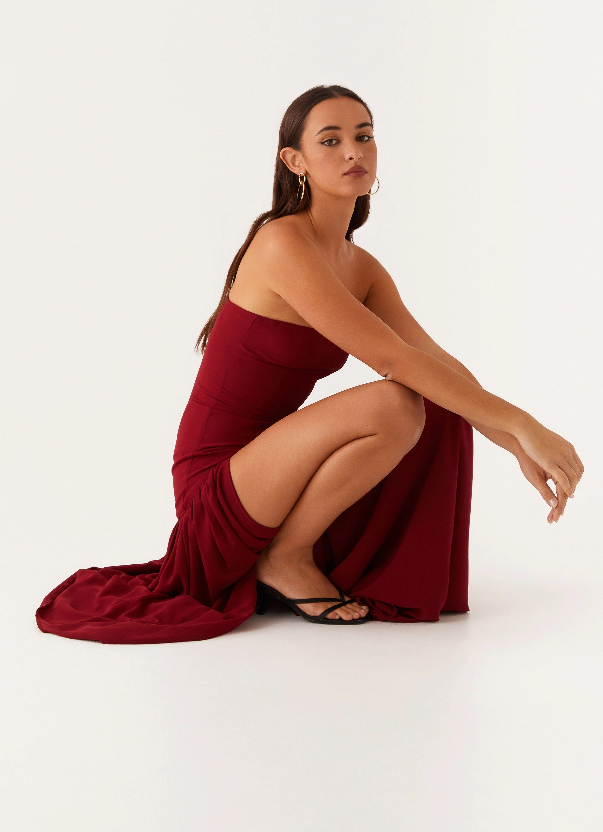 Eden Strapless Maxi Dress - Maroon Cold-Shoulder