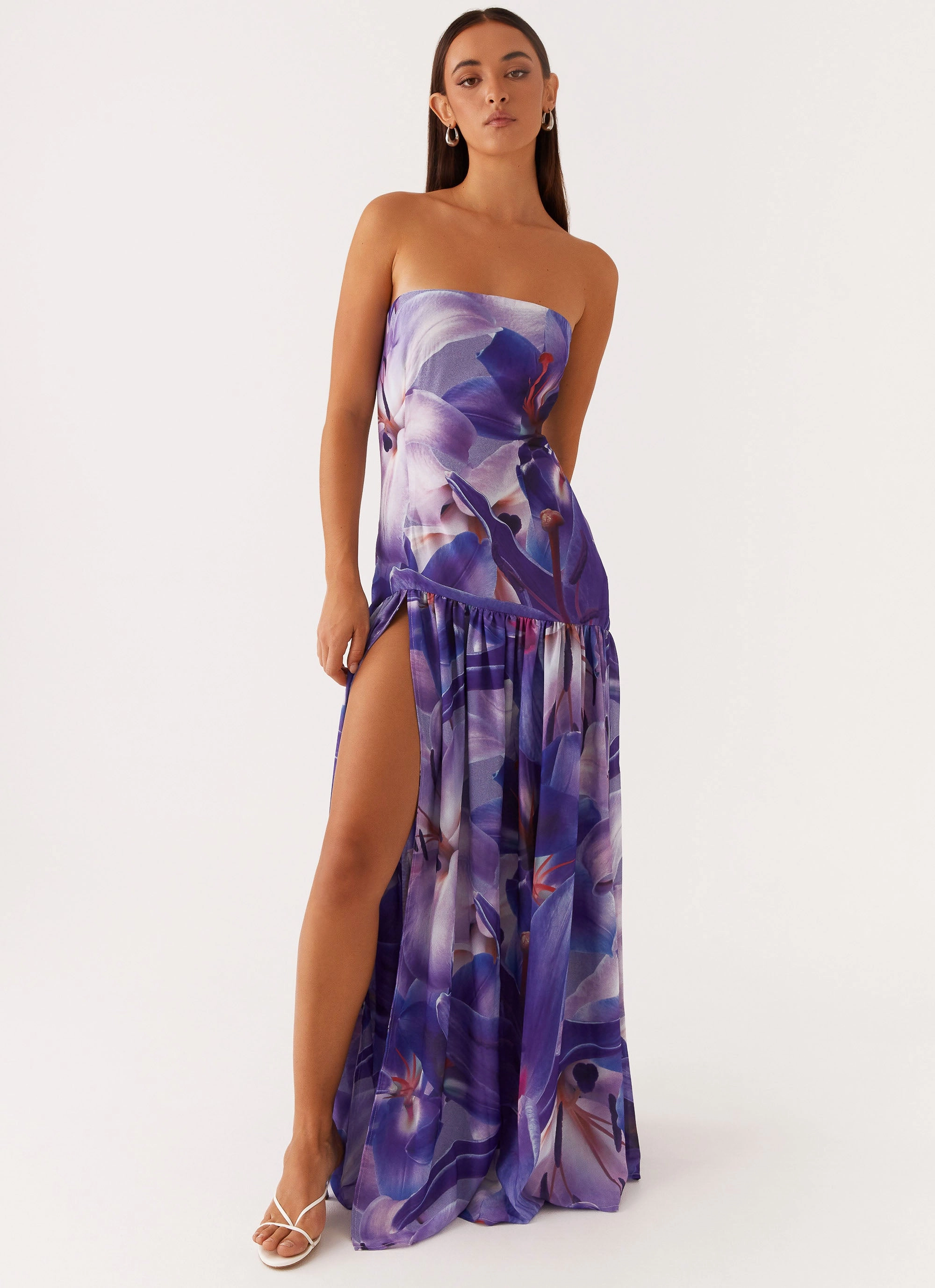 Eden Strapless Maxi Dress - Purple White Lilly Gloss Finish