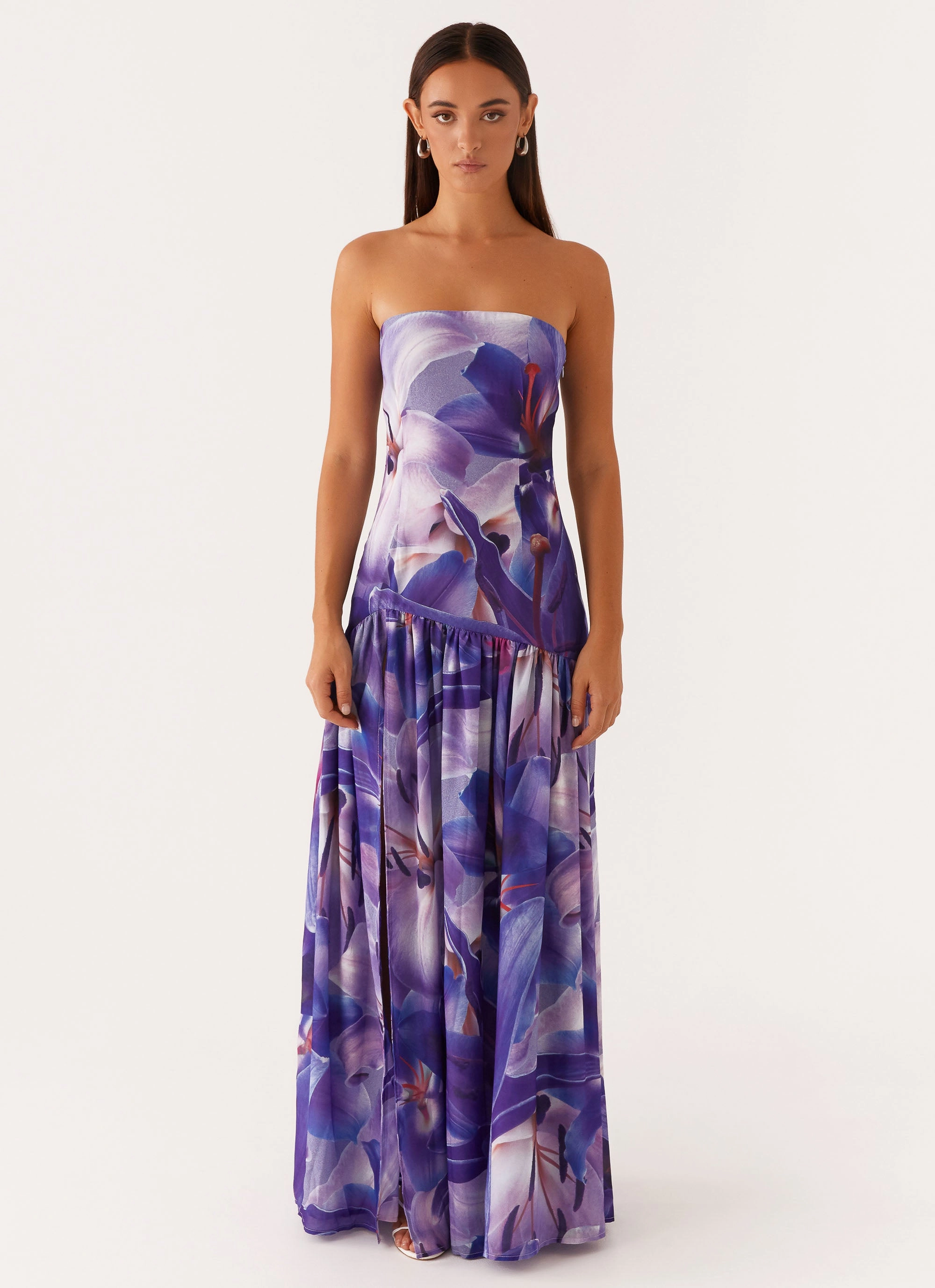 Eden Strapless Maxi Dress - Purple White Lilly Flexible Design Silky Form