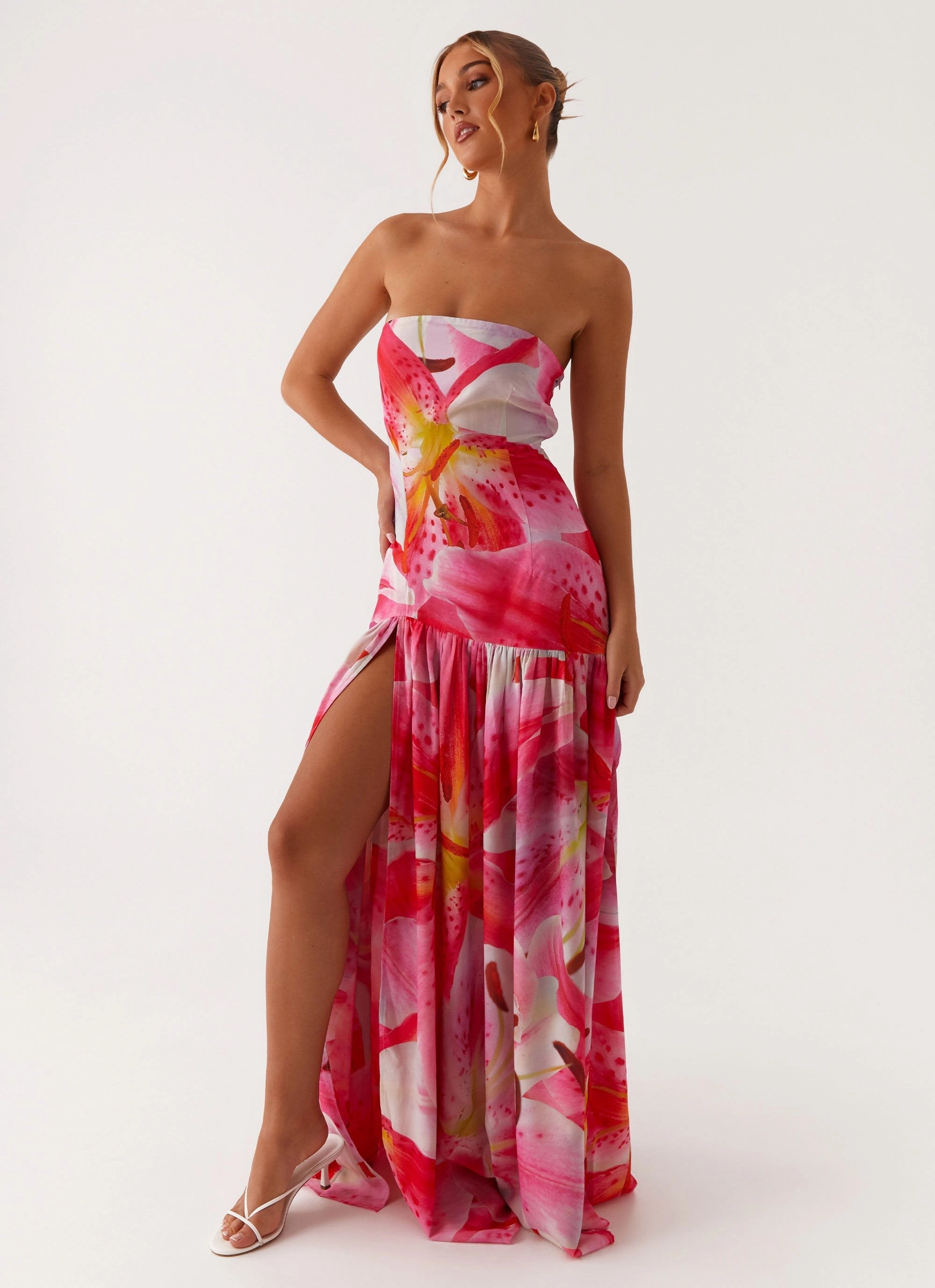 Flowy-Shape Light Touch Eden Strapless Maxi Dress - White Pink Lilly