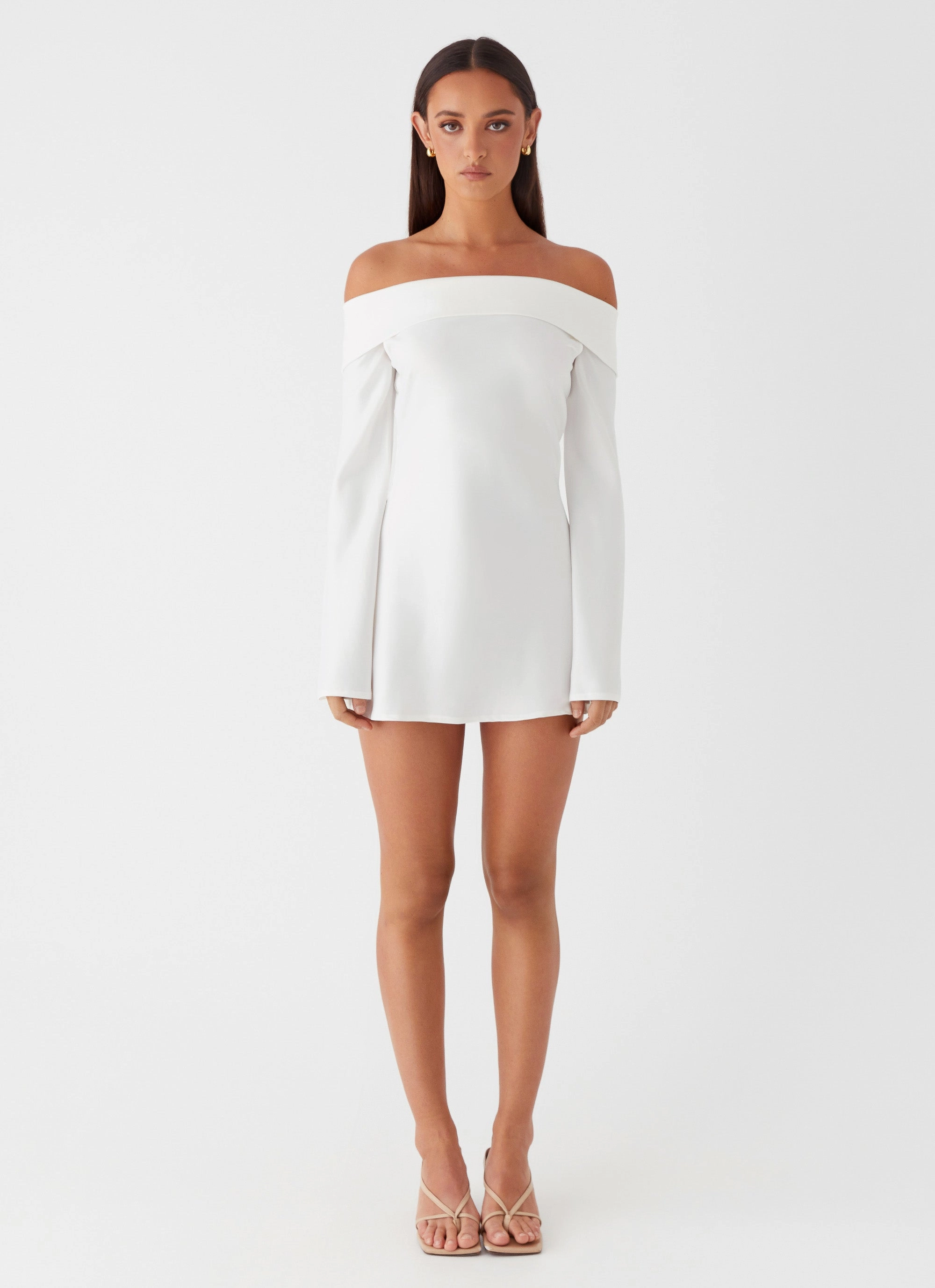 Lumina Long Sleeve Mini Dress - White Modern Waistband